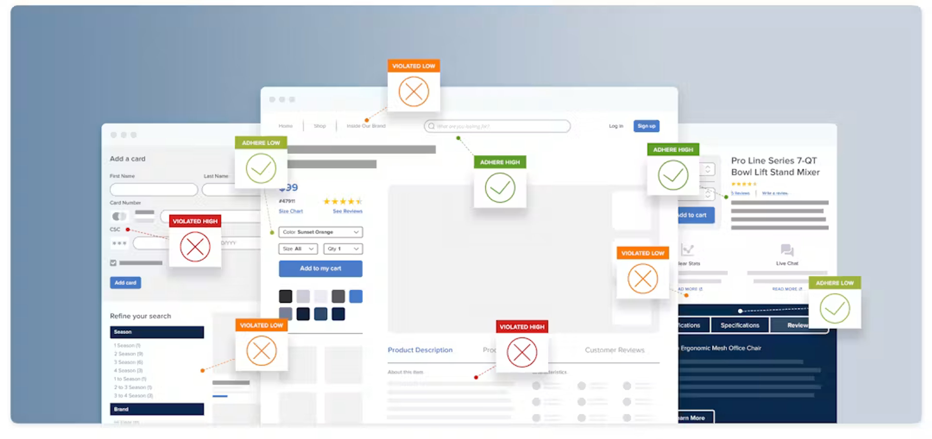 Website page mockups with labels showing UX issues, violations, and best practices