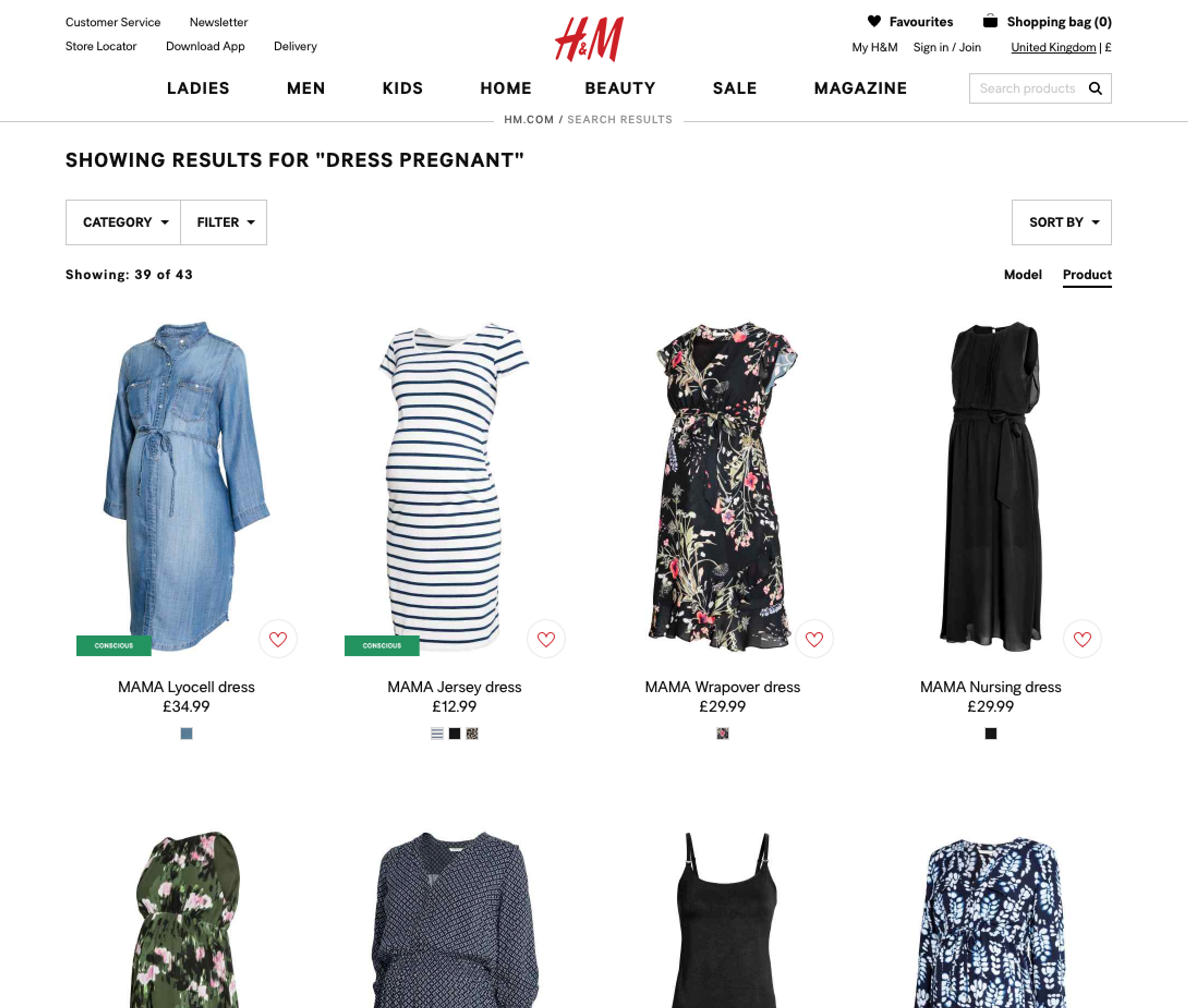 H&M search results page for "pregnancy dresses"