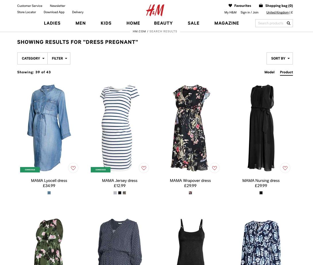 H&M search results page for "pregnancy dresses"
