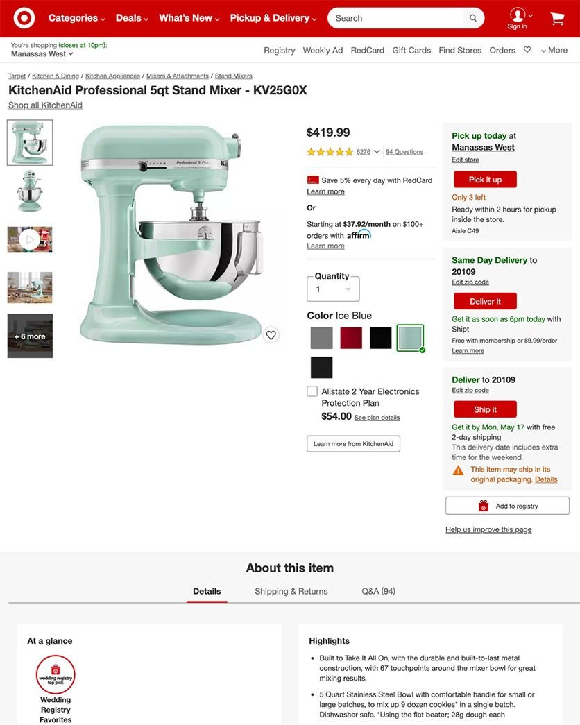 Target product page for a KitchenAid 5QT stand mixer