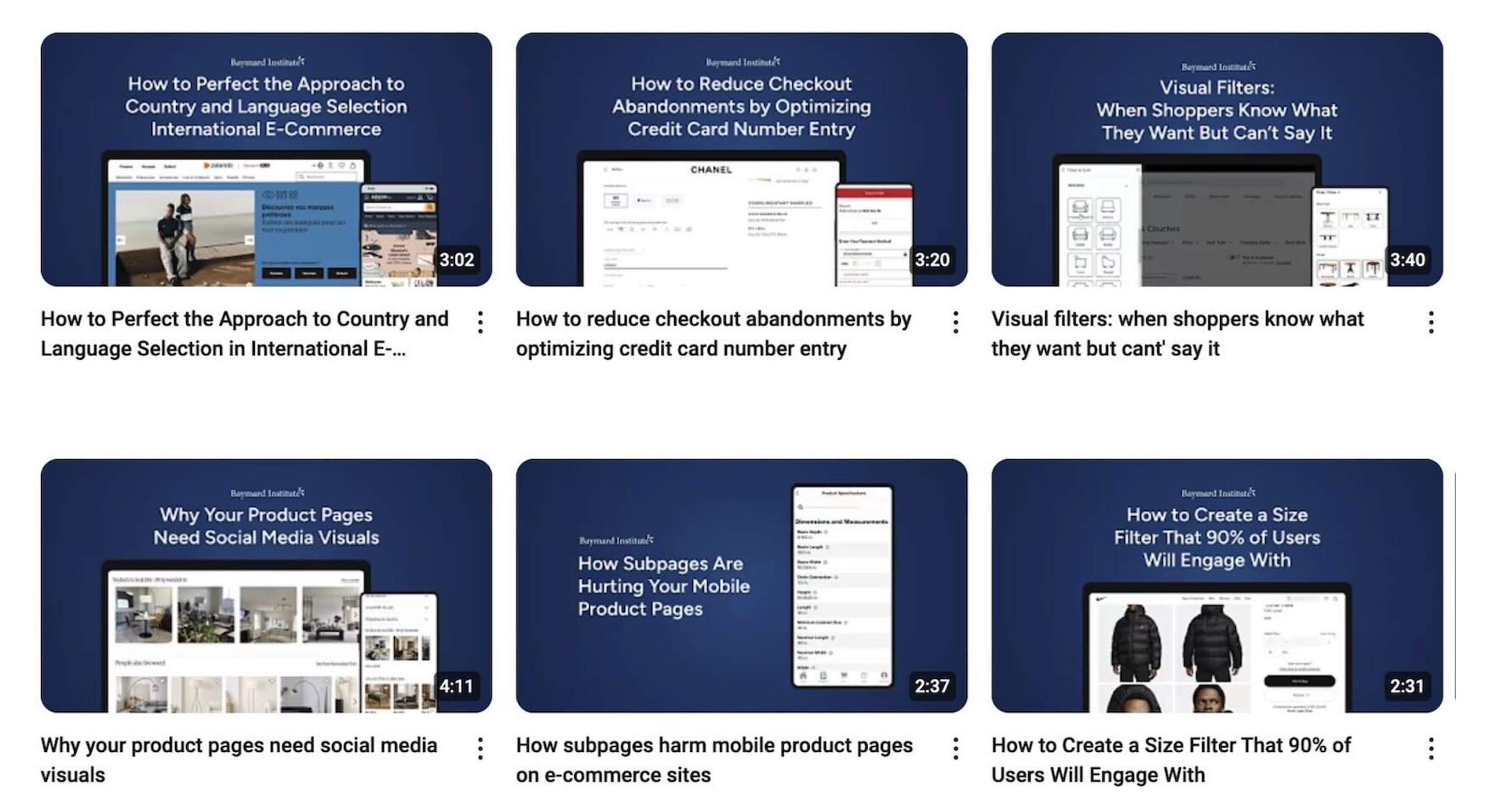 Screenshot of video thumbnails from Baymard's YouTube channel