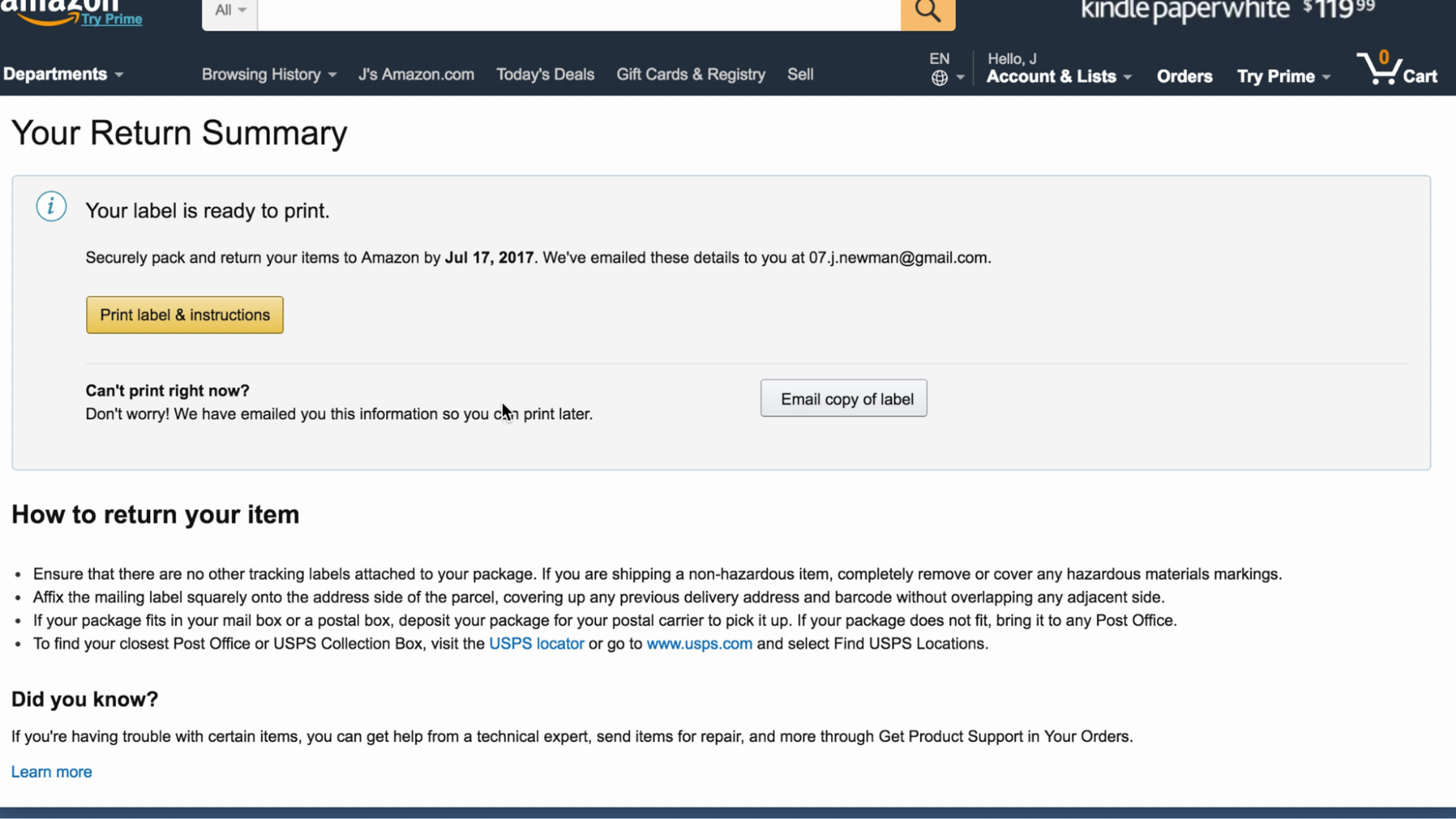 Amazon return summary screen, showing the user how to return the item