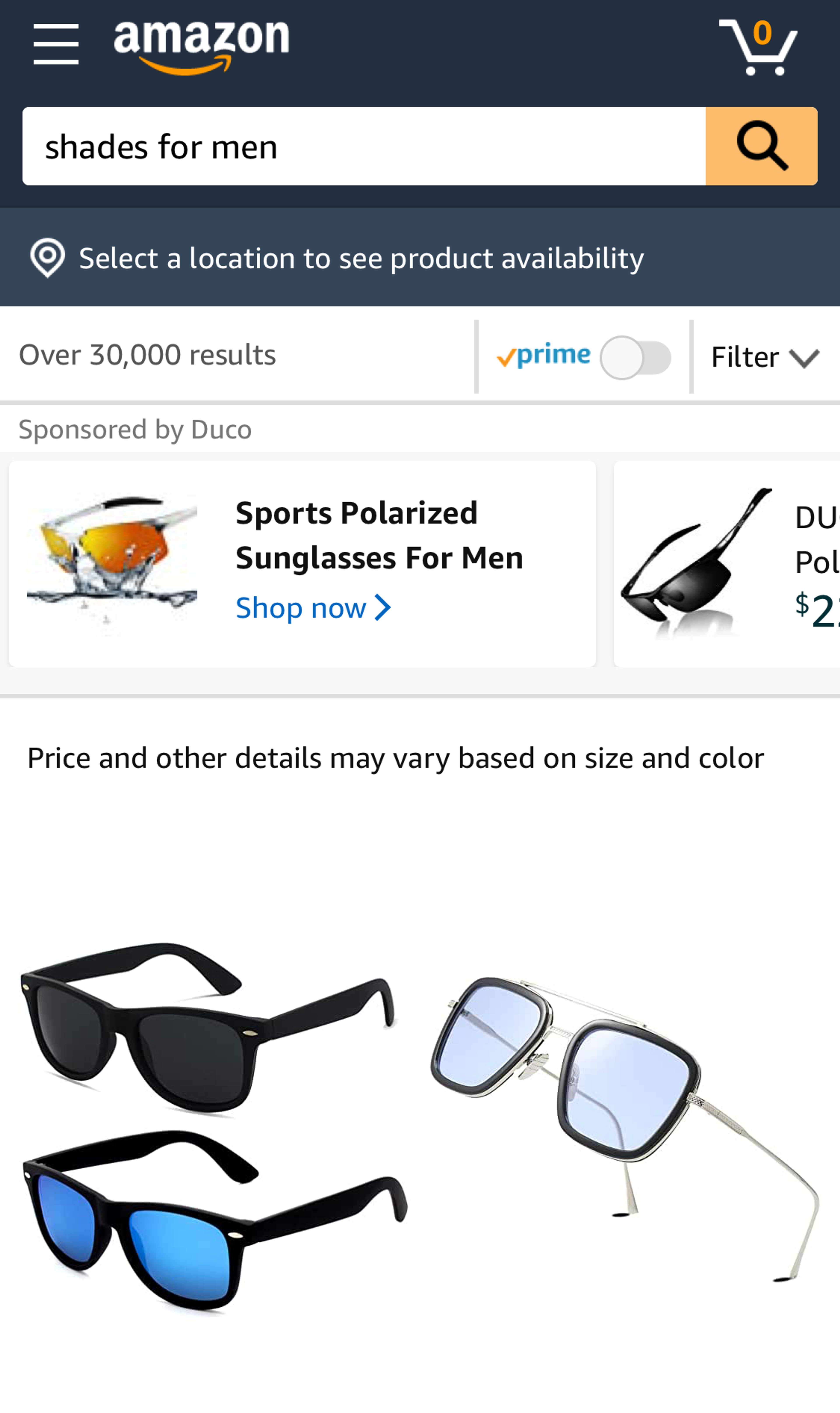 Amazon search results page for "shades for men" showing men's sunglasses