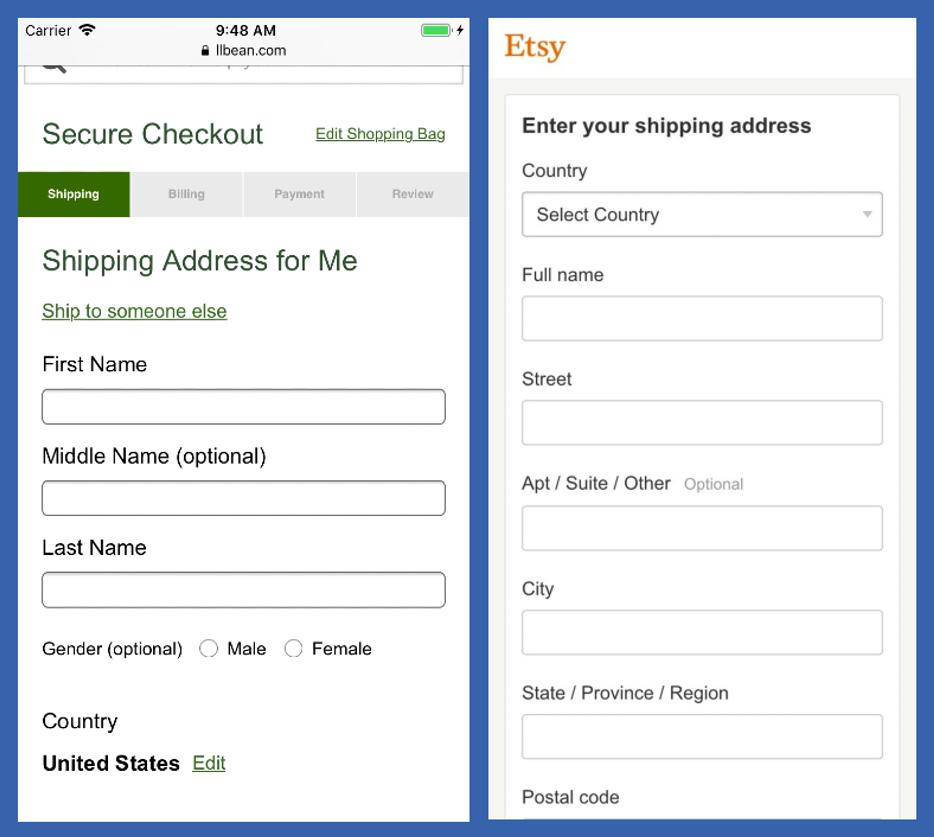 Side-by-side screenshot of L.L Bean's and Etsy's website checkout forms, with the Etsy form providing more input fields on a single screen