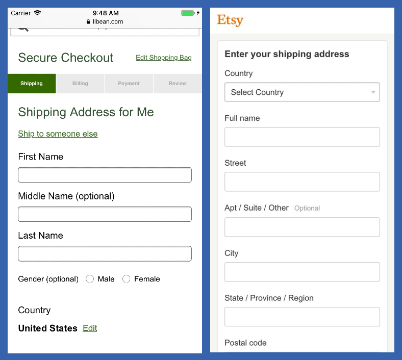 Side-by-side screenshot of L.L Bean's and Etsy's website checkout forms, with the Etsy form providing more input fields on a single screen