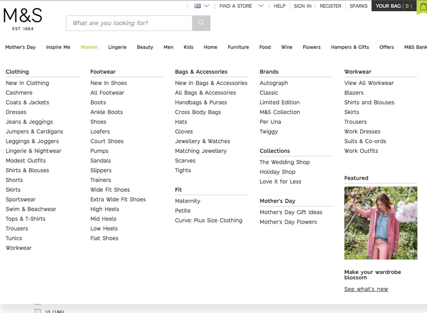 Marks & Spencer website navigation menu showing a large number of categories and subcategories for women's clothing