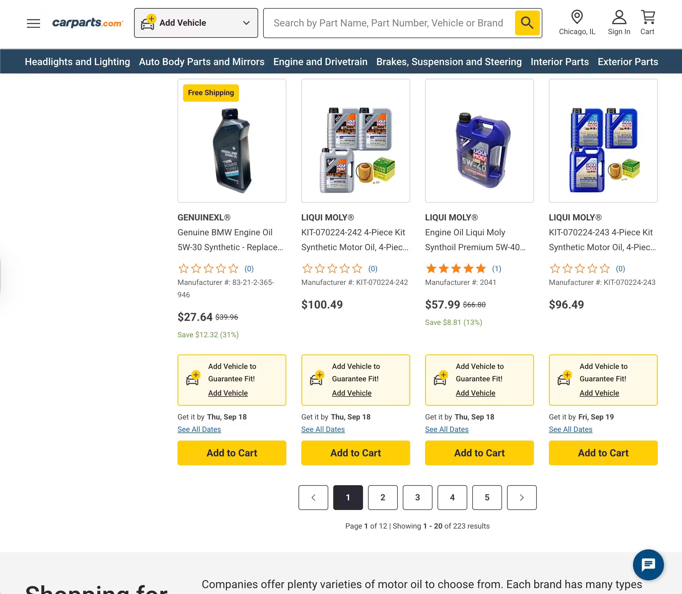 CarParts.com product listing page showing engine oil products