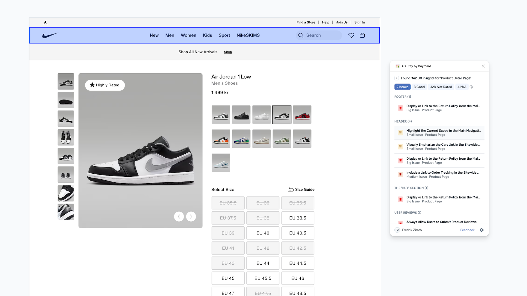 UX-Ray Figma scan showing UX recommendations on a Nike shoe product page