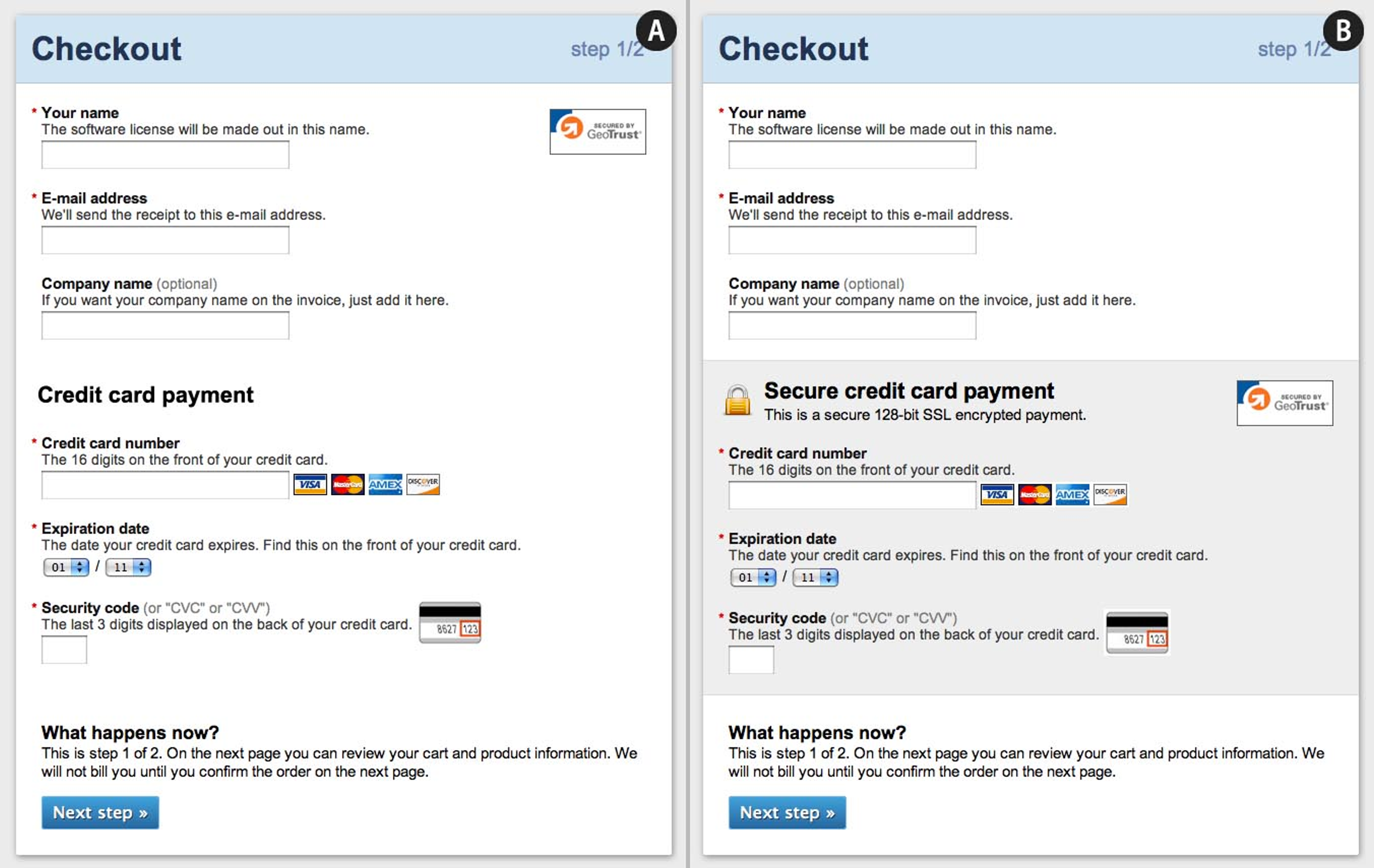 Sibe-by-side mockups of a checkout form, with the right image showing additional trust signals including microcopy, site seals, and padlock icon