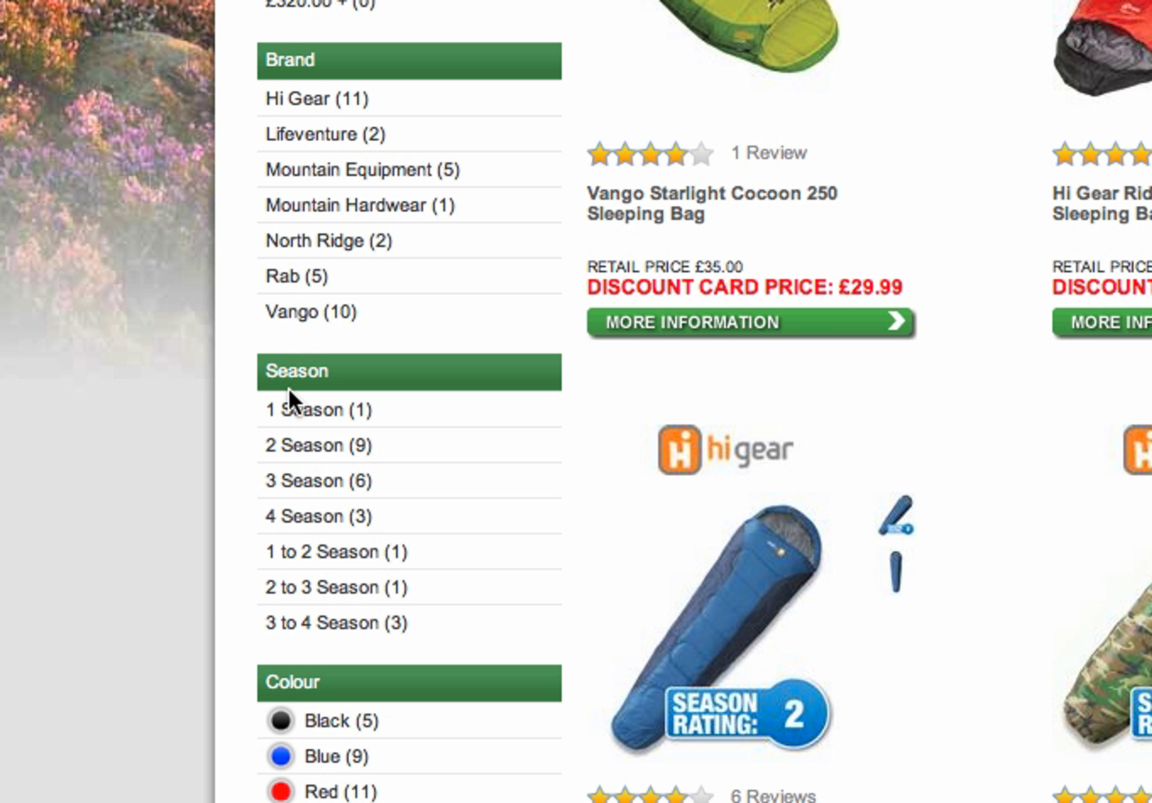 Go Outdoors' product listing page showing sleeping bags and filter sidebar