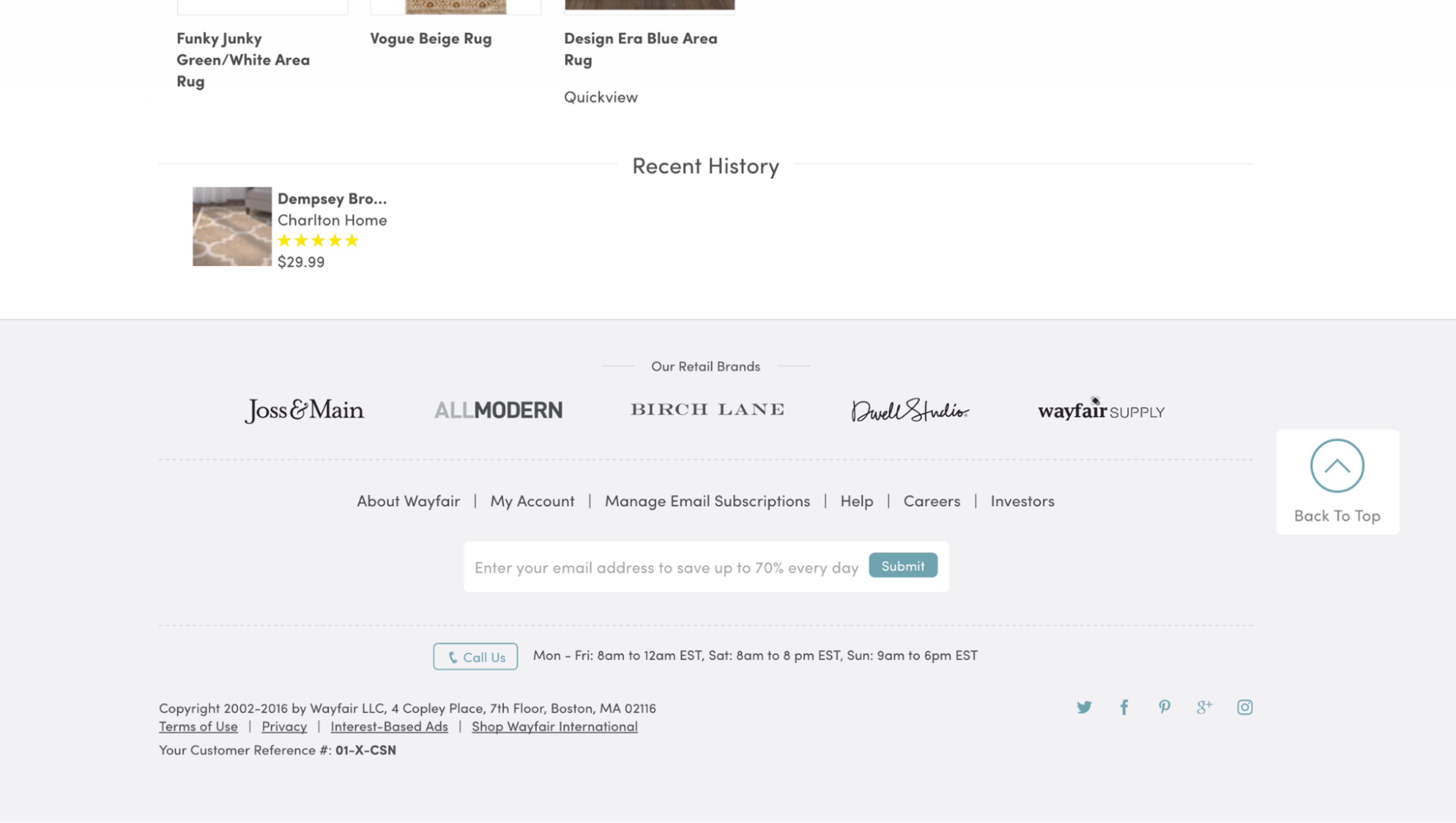 Wayfair website footer showing links to informational pages and account