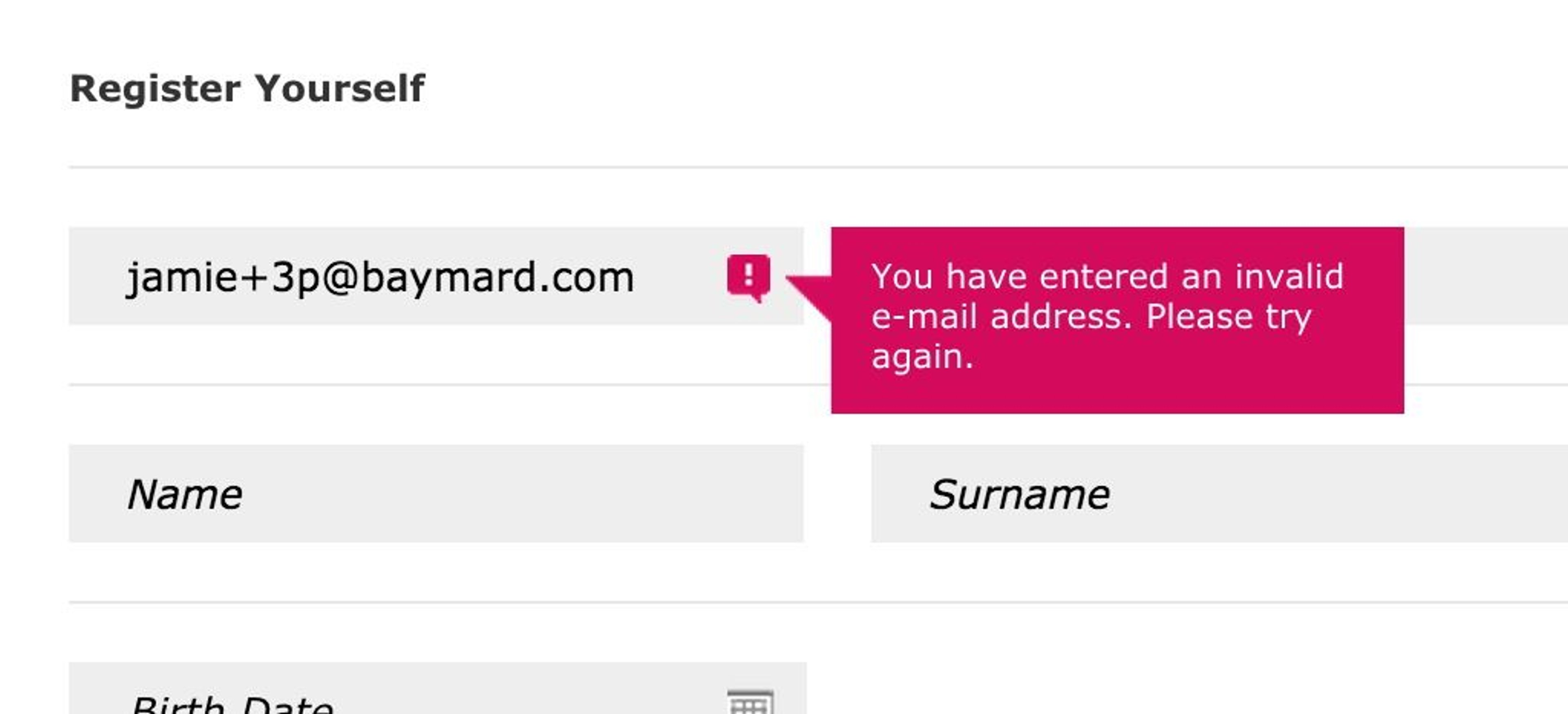 Registration page showing an error message in the email address input field