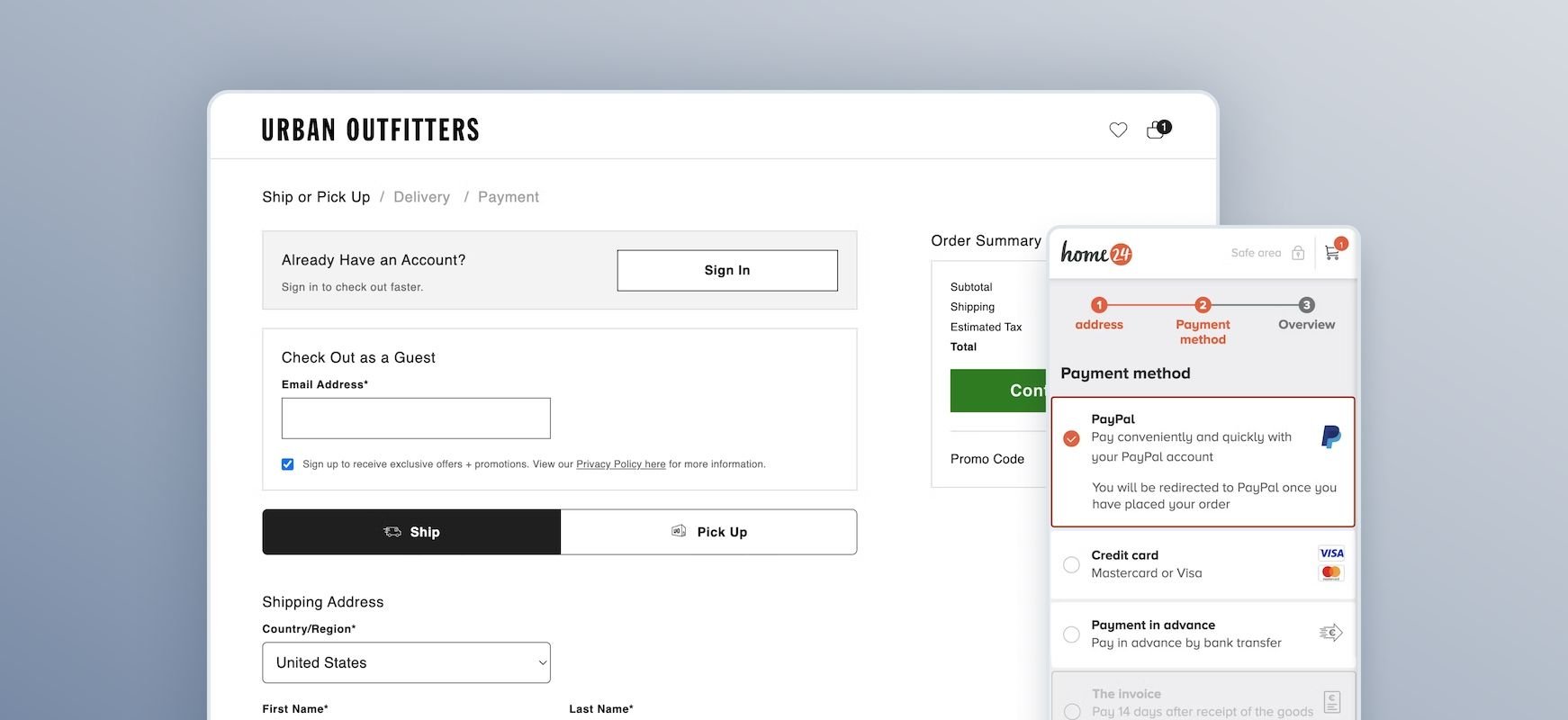 Checkout screens on mobile and desktop ecommerce websites