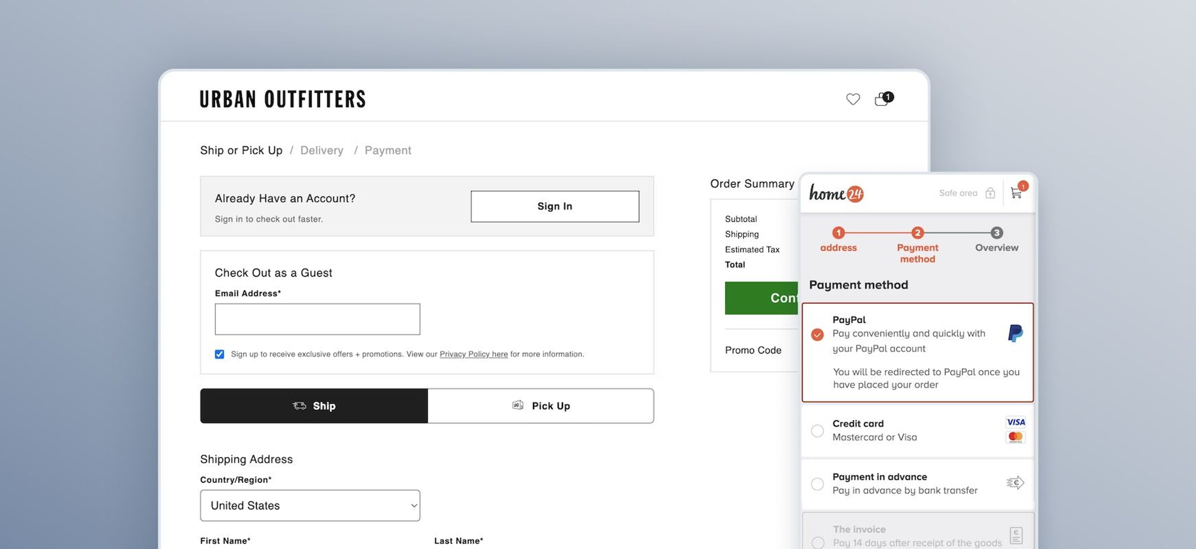 Checkout screens on mobile and desktop ecommerce websites