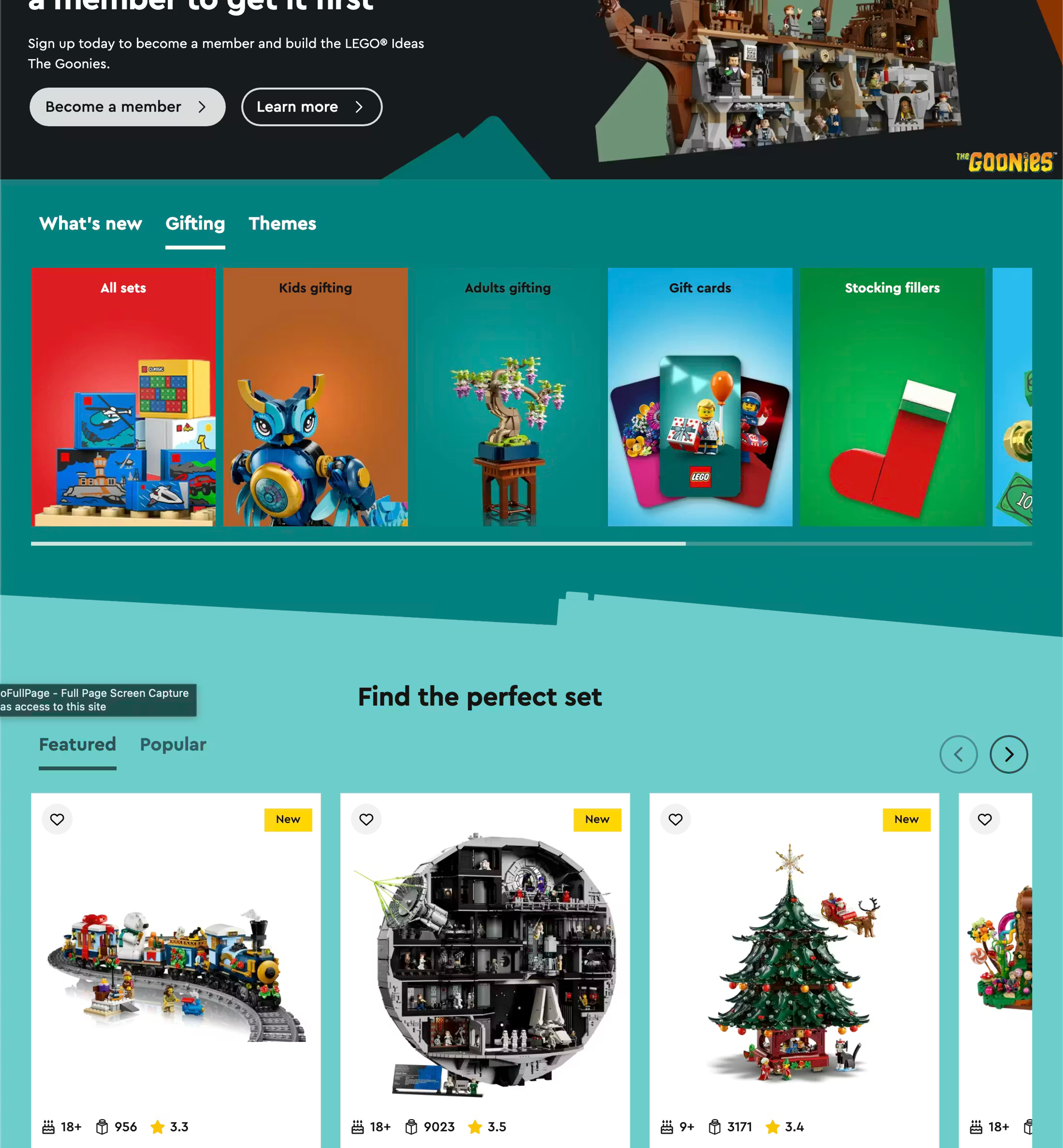 Lego's "Gifting" collection page, showing links to adult and child gifting, gift cards, stocking fillers, and a range of featured products.
