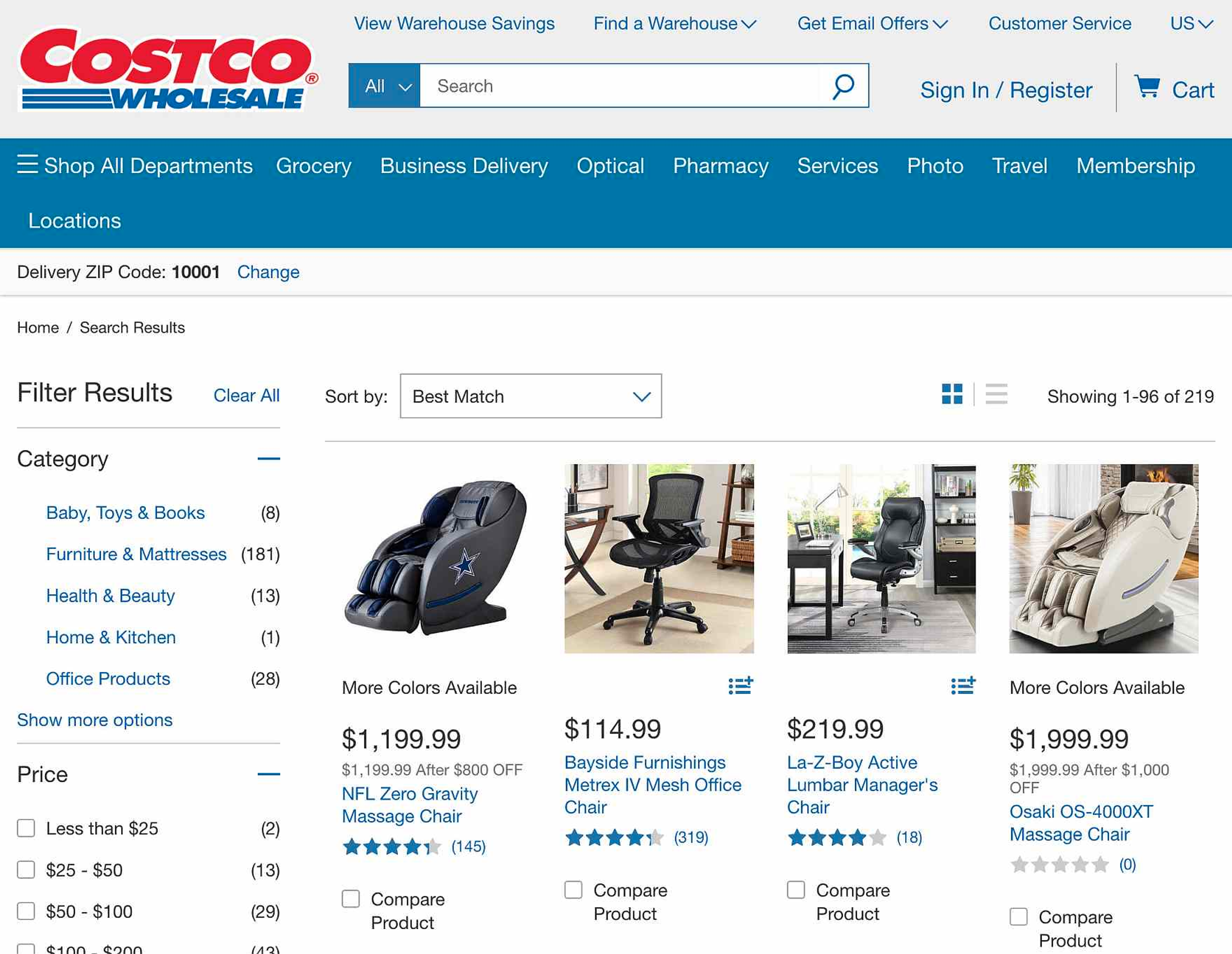 Costco search results page showing chairs