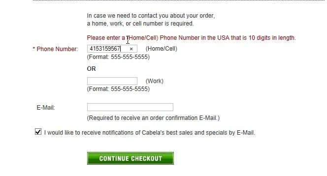 Cabela checkout form showing an error message on the phone number input field