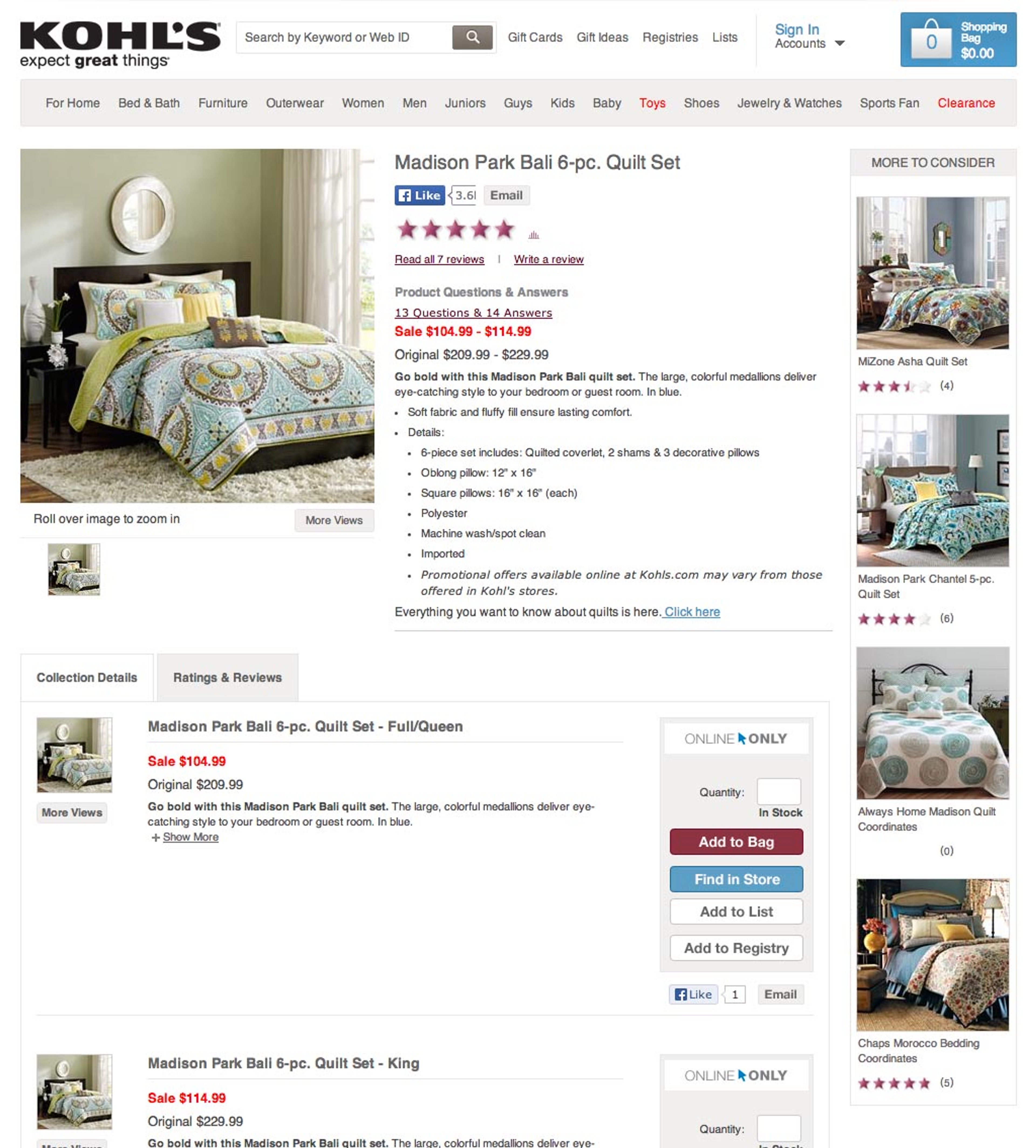 Screenshot of a Kohl's product detail page for bedding, including alternative products in a “More to Consider" section