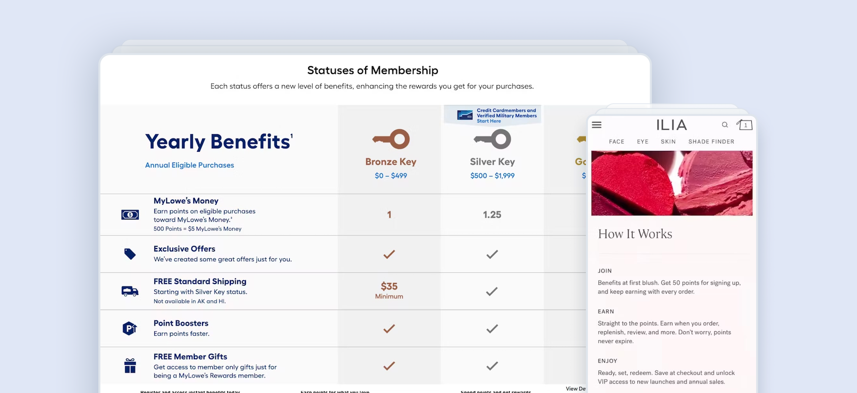 Membership information screens on mobile and desktop websites