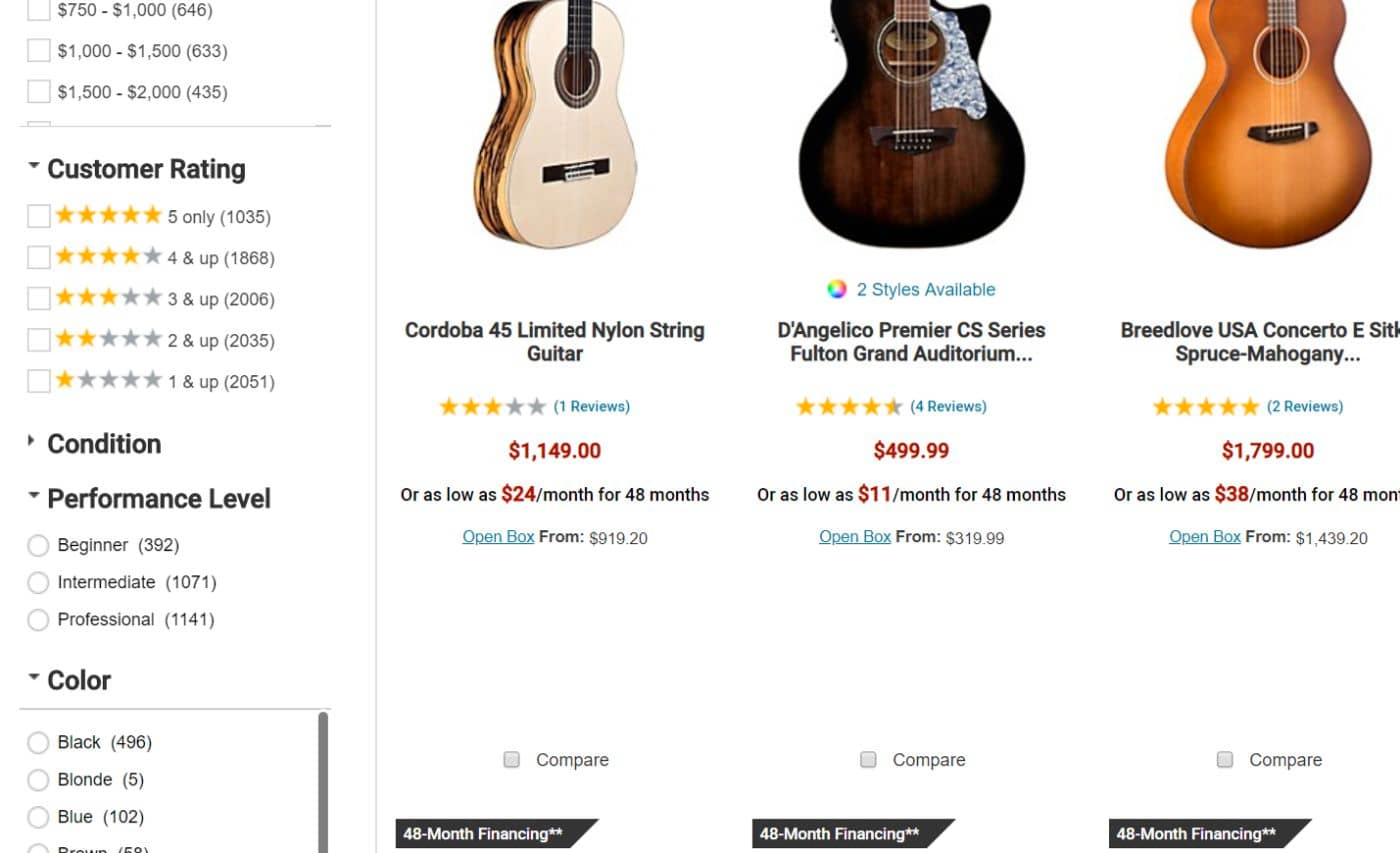 Screenshot of guitar accessories product listing page on Musician's Friend's website, with filters to help users narrow their selection