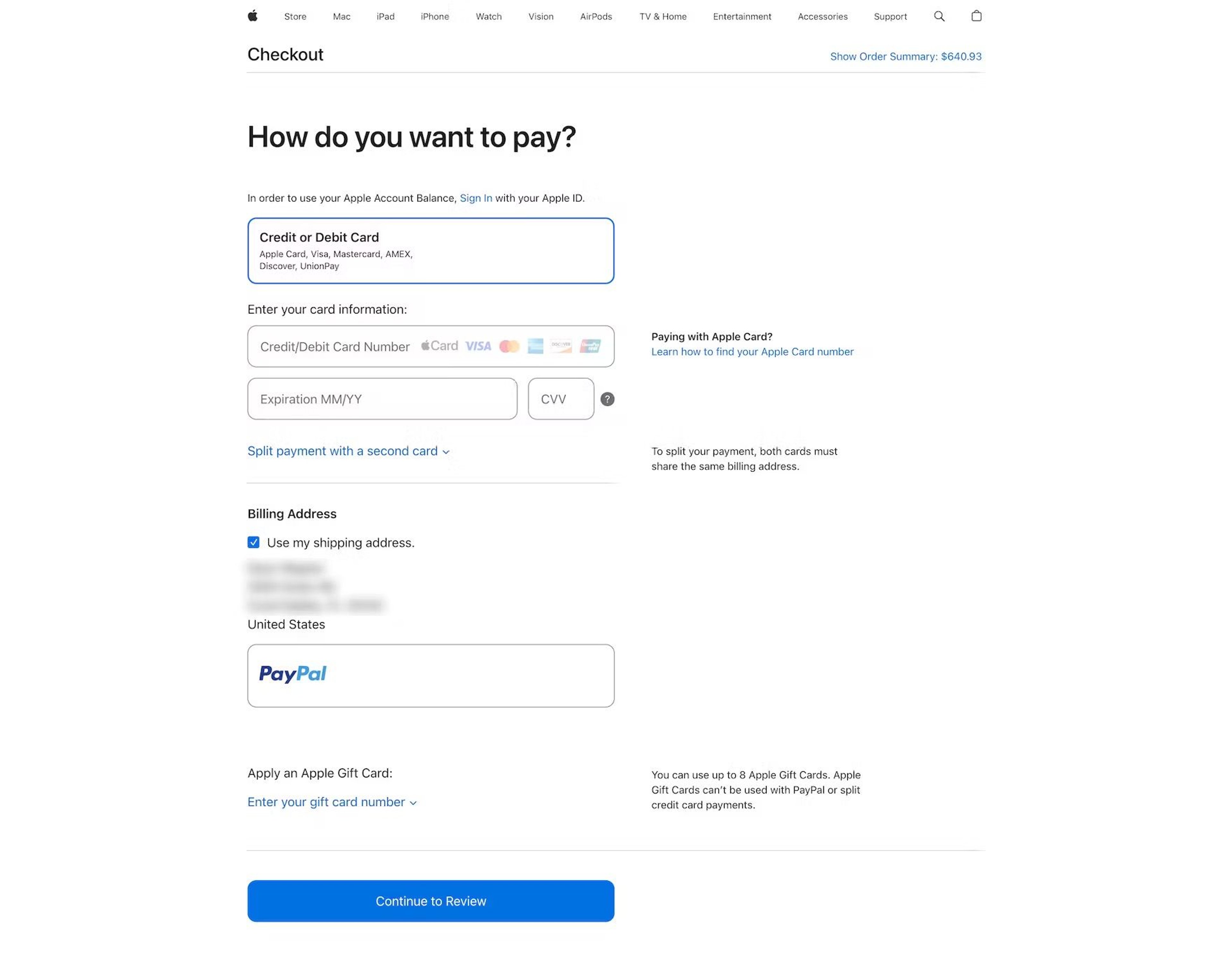 Checkout screen on the Apple website