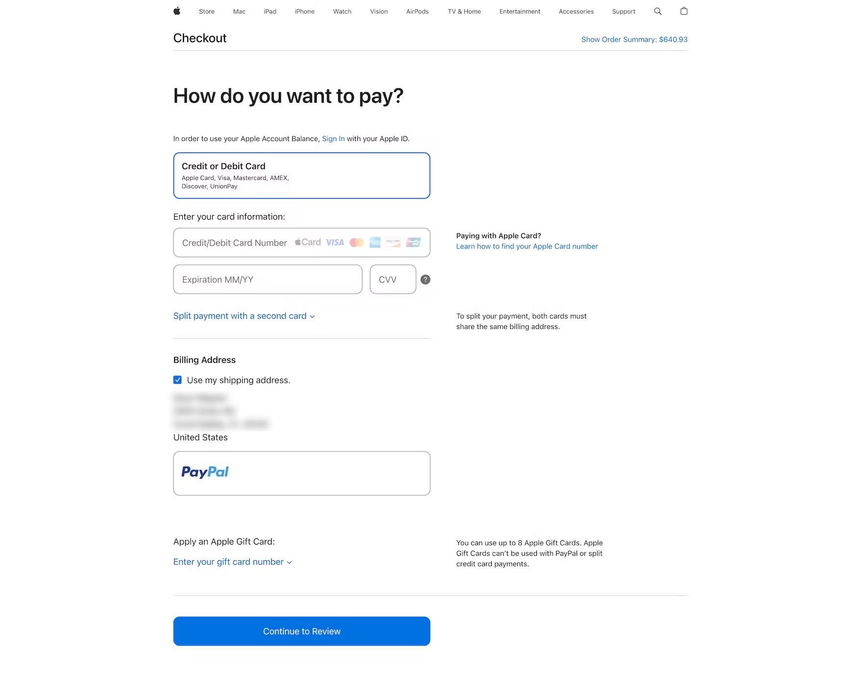 Checkout screen on the Apple website