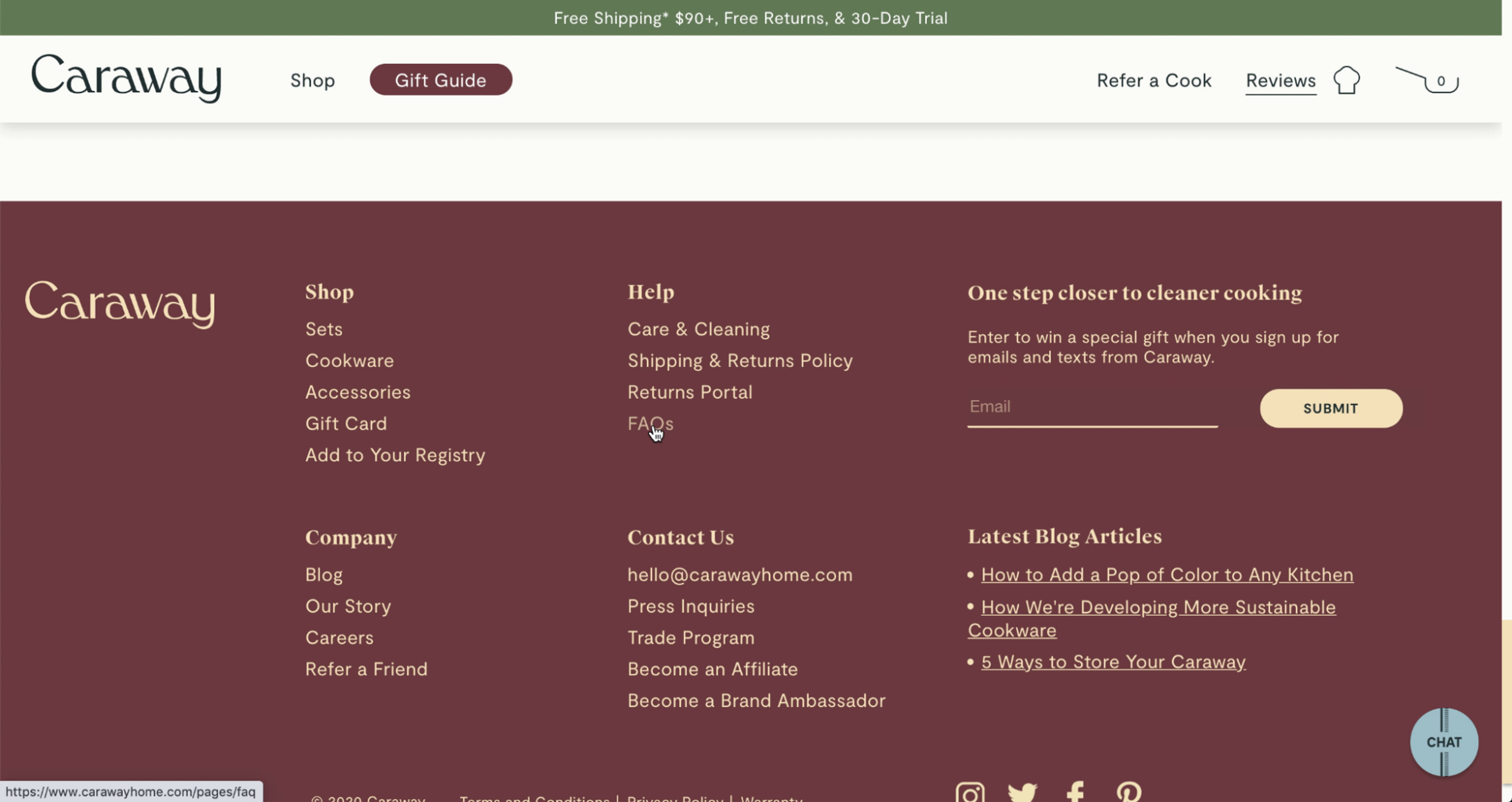 Caraway's website footer showing links to a range of information pages