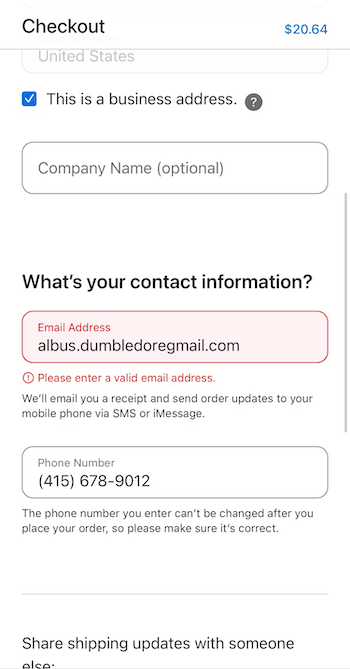 Apple checkout showing an error but with preserved data input