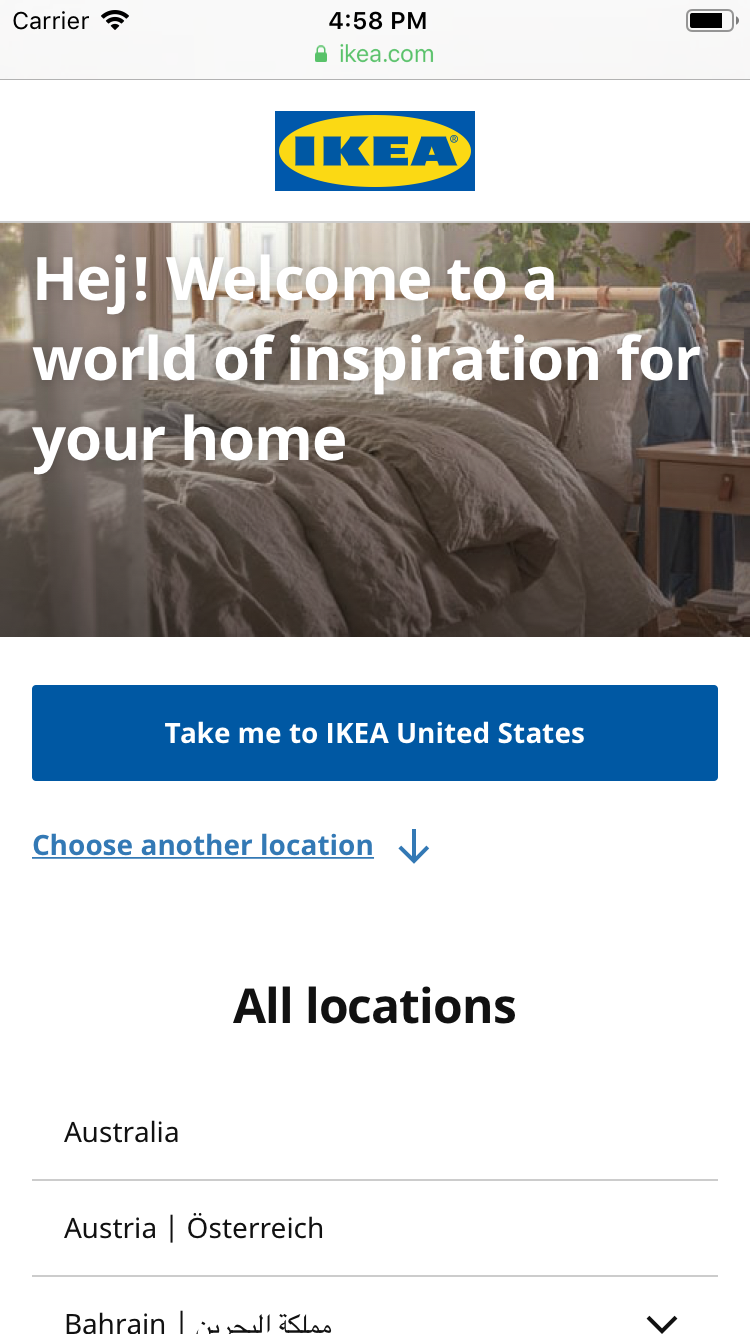 IKEA mobile homepage showing geotargeting message encouraging the user to go to IKEA United States or to choose another location
