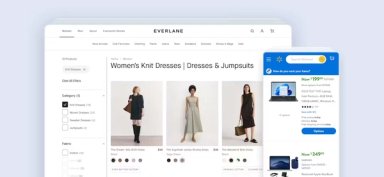 Product listing page screenshots from Everlane's desktop website showing women's dresses, and Walmart's mobile website showing laptops