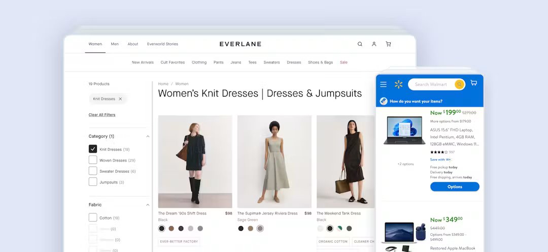 Product listing page screenshots from Everlane's desktop website showing women's dresses, and Walmart's mobile website showing laptops