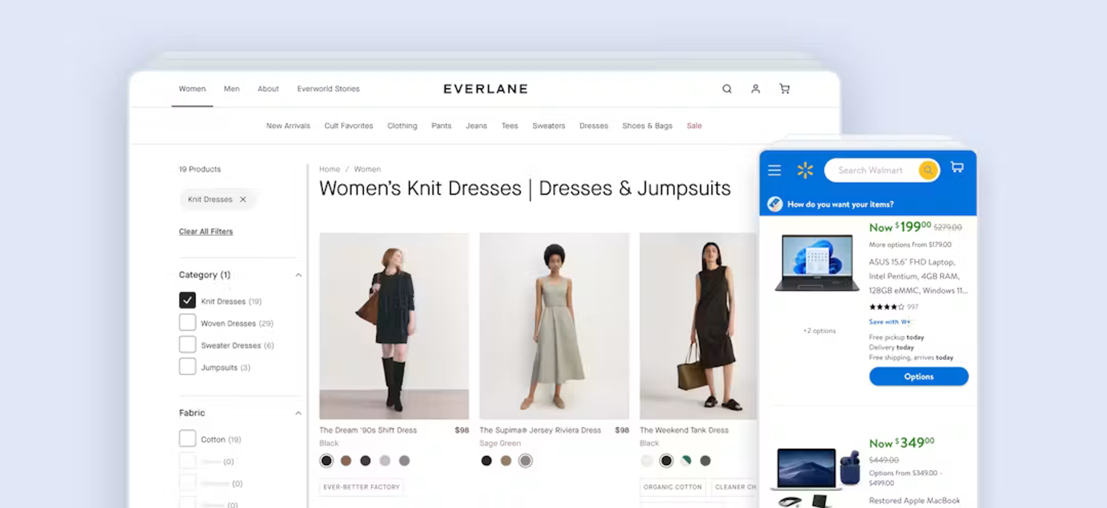 Product listing page screenshots from Everlane's desktop website showing women's dresses, and Walmart's mobile website showing laptops