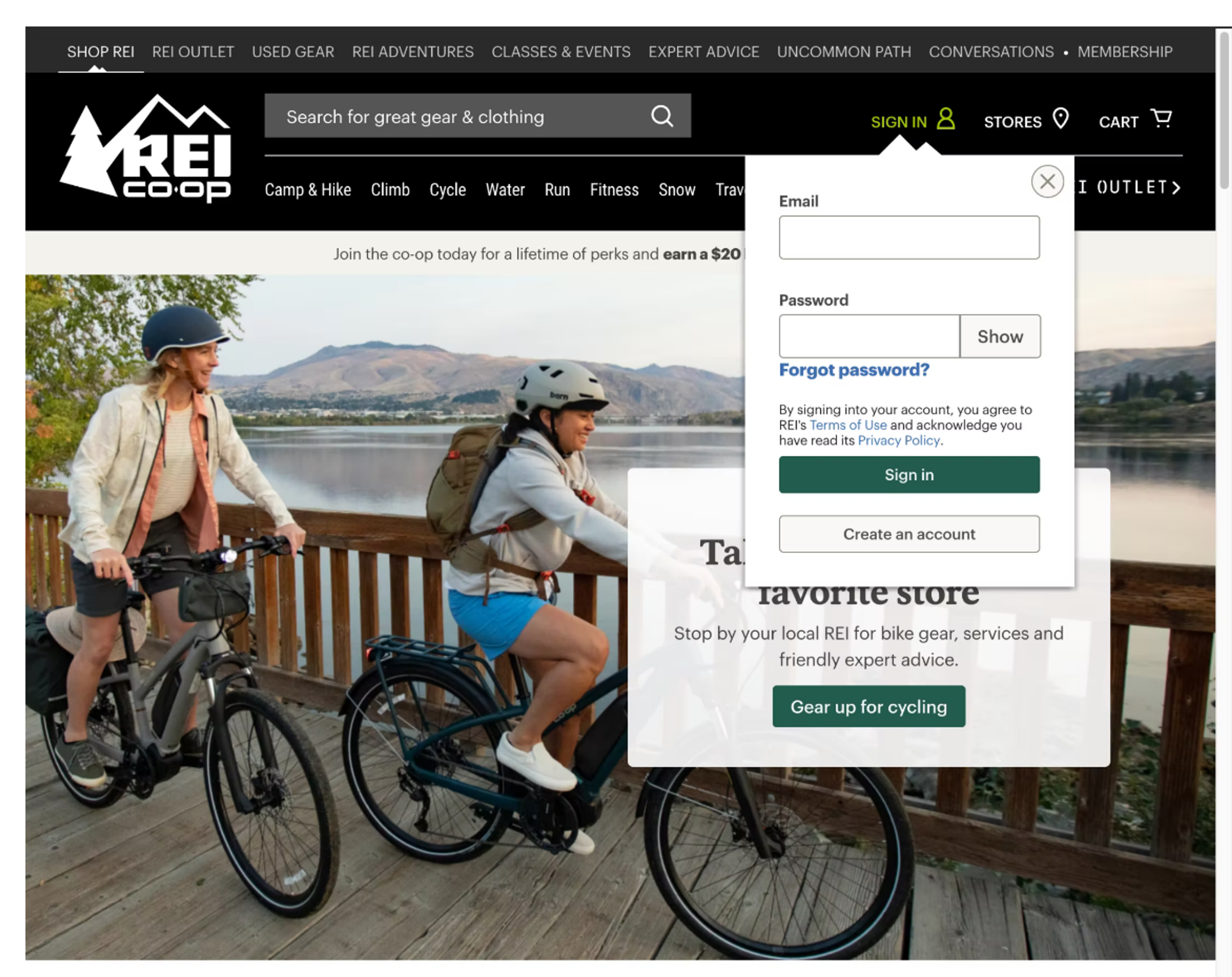 REI website page showing easy-access account login from the main menu