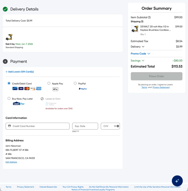 Lowe's checkout process showing multiple payment options