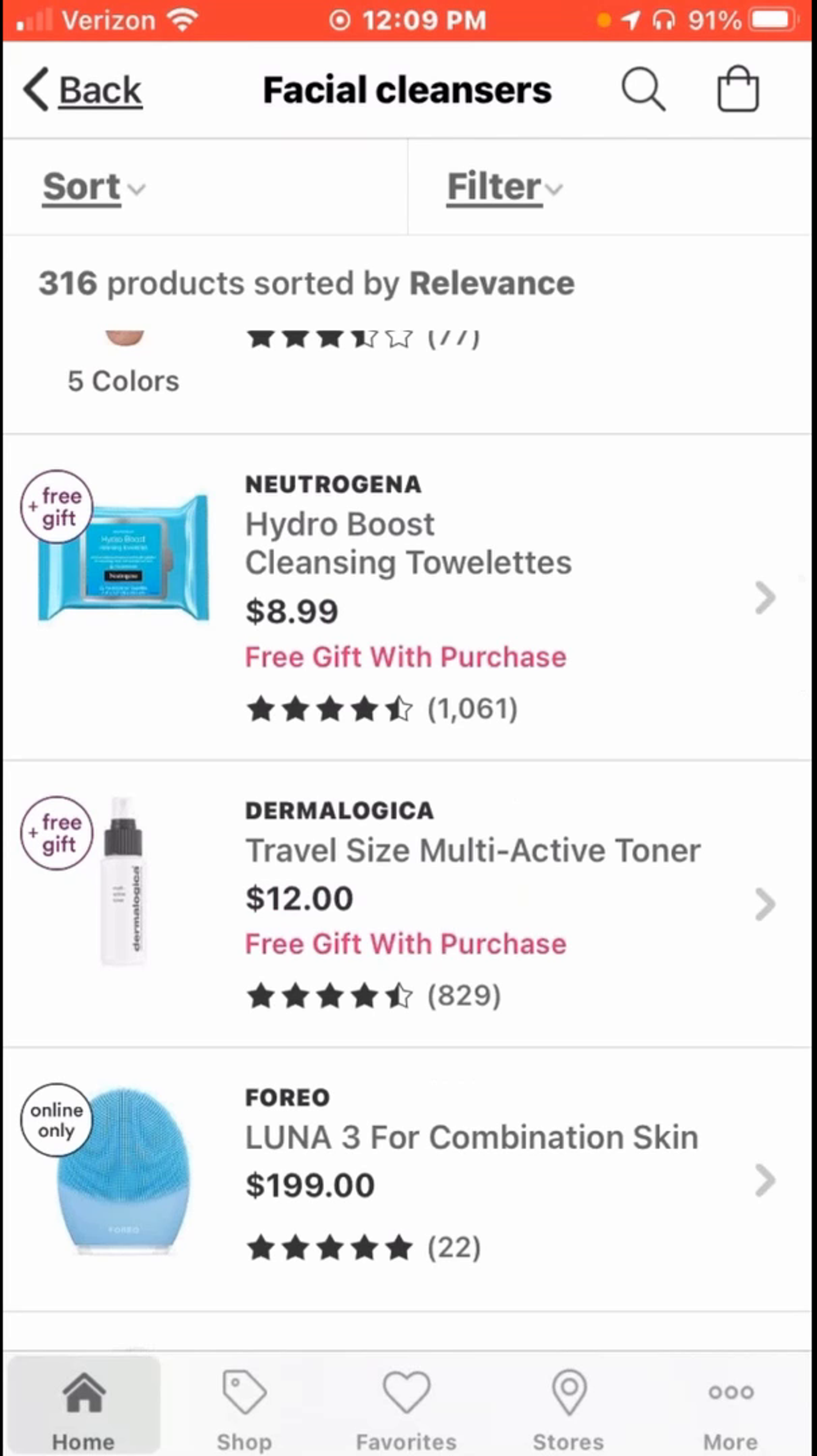 Ulta mobile website product listing page for facial cleansers, showing 316 products