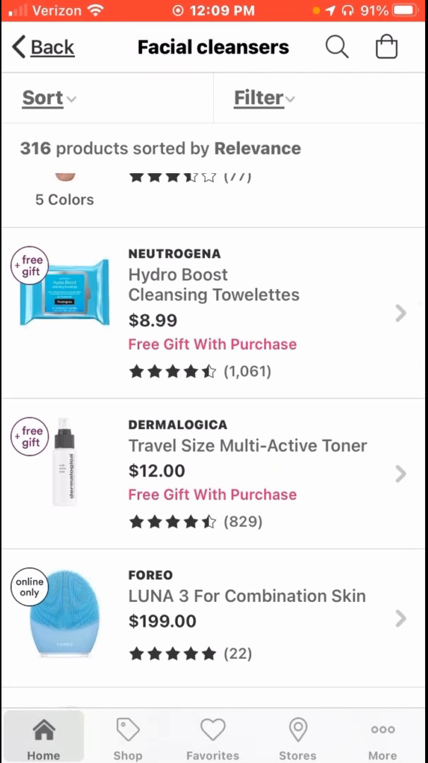 Ulta mobile website product listing page for facial cleansers, showing 316 products
