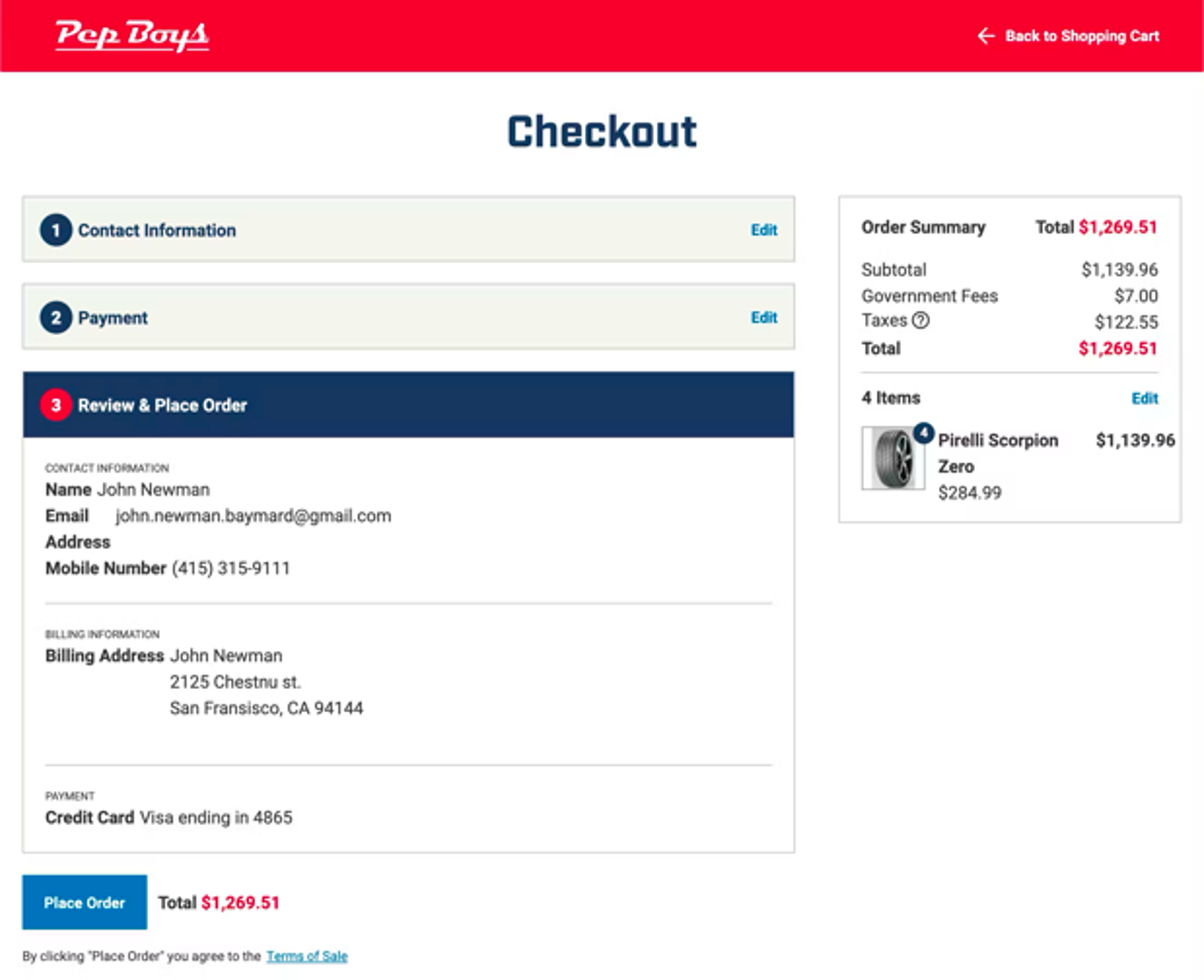 Order review screen on the Pep Boys ecommerce site