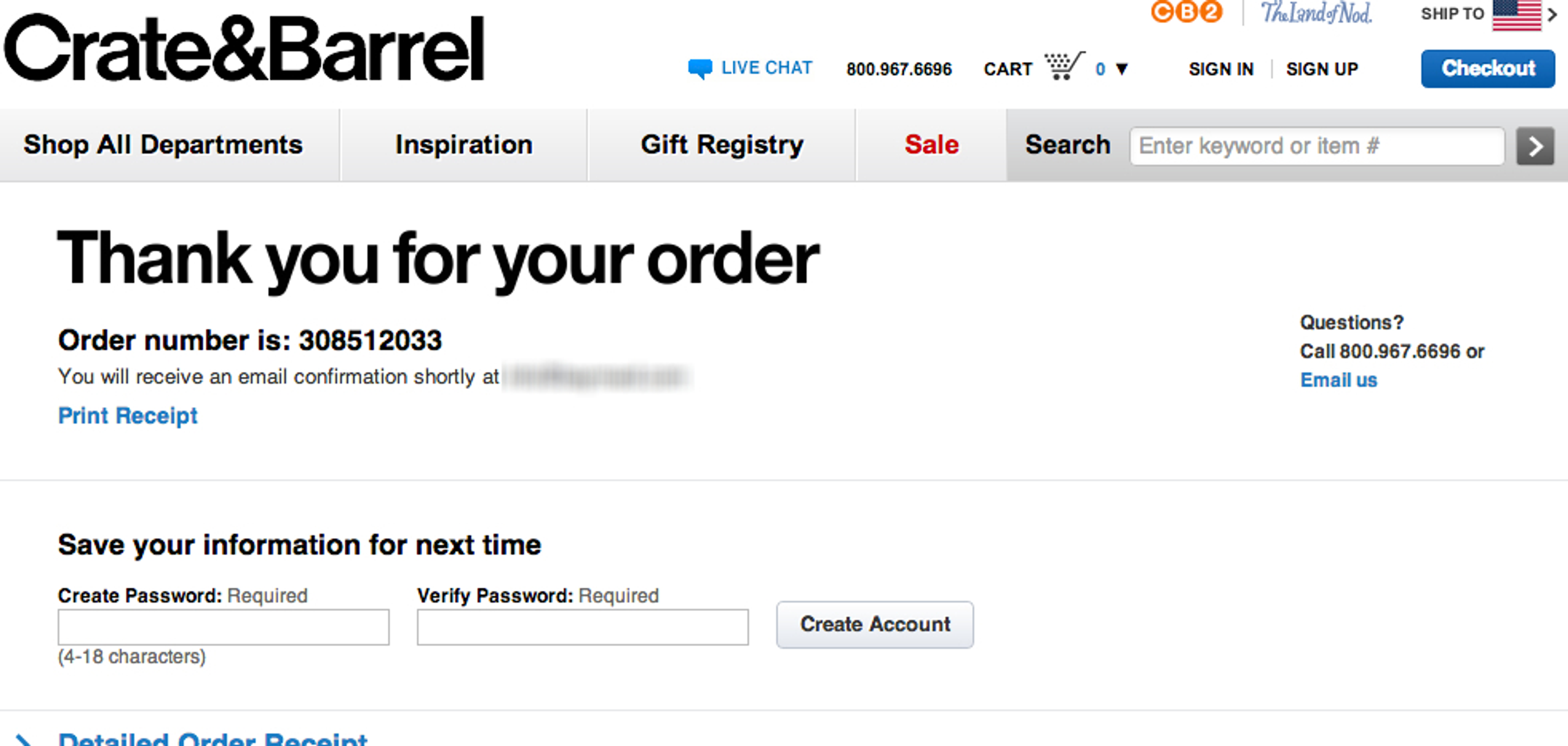 Crate & Barrel post-checkout form allowing users to create an account