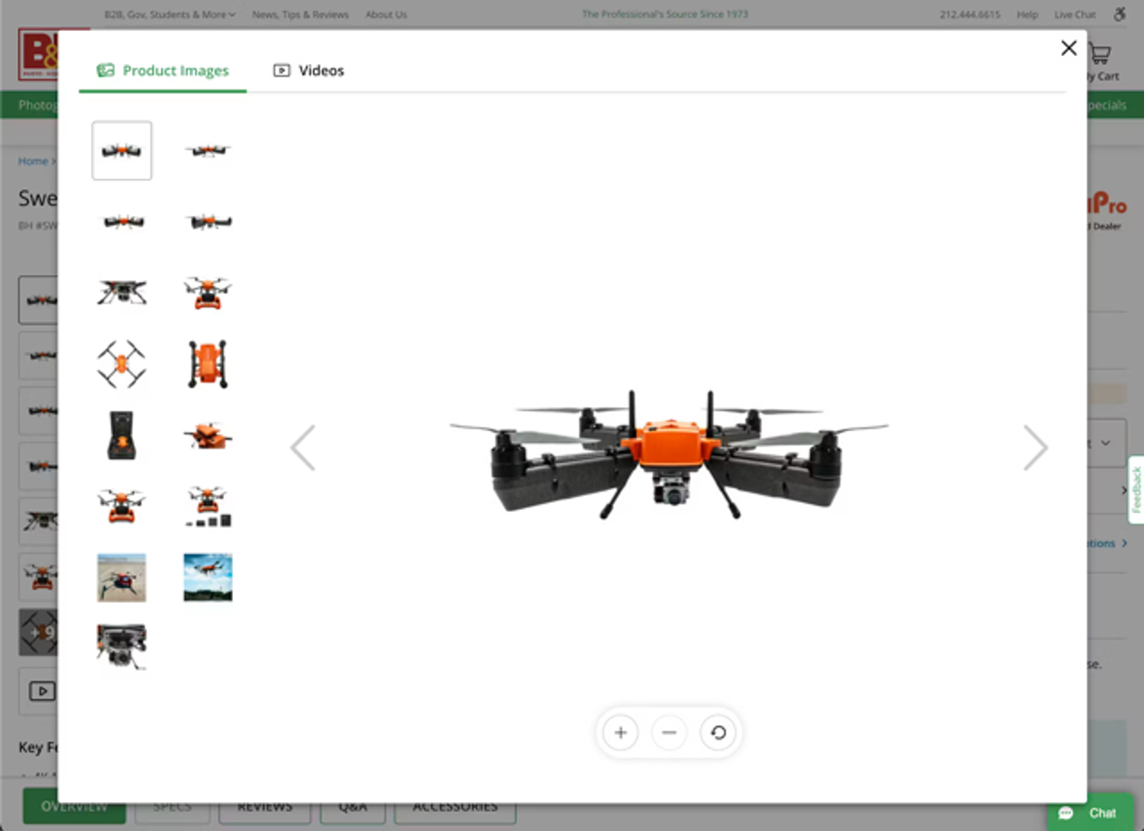 Product gallery of a drone, with page controls to allow the user to scroll through the images in the gallery