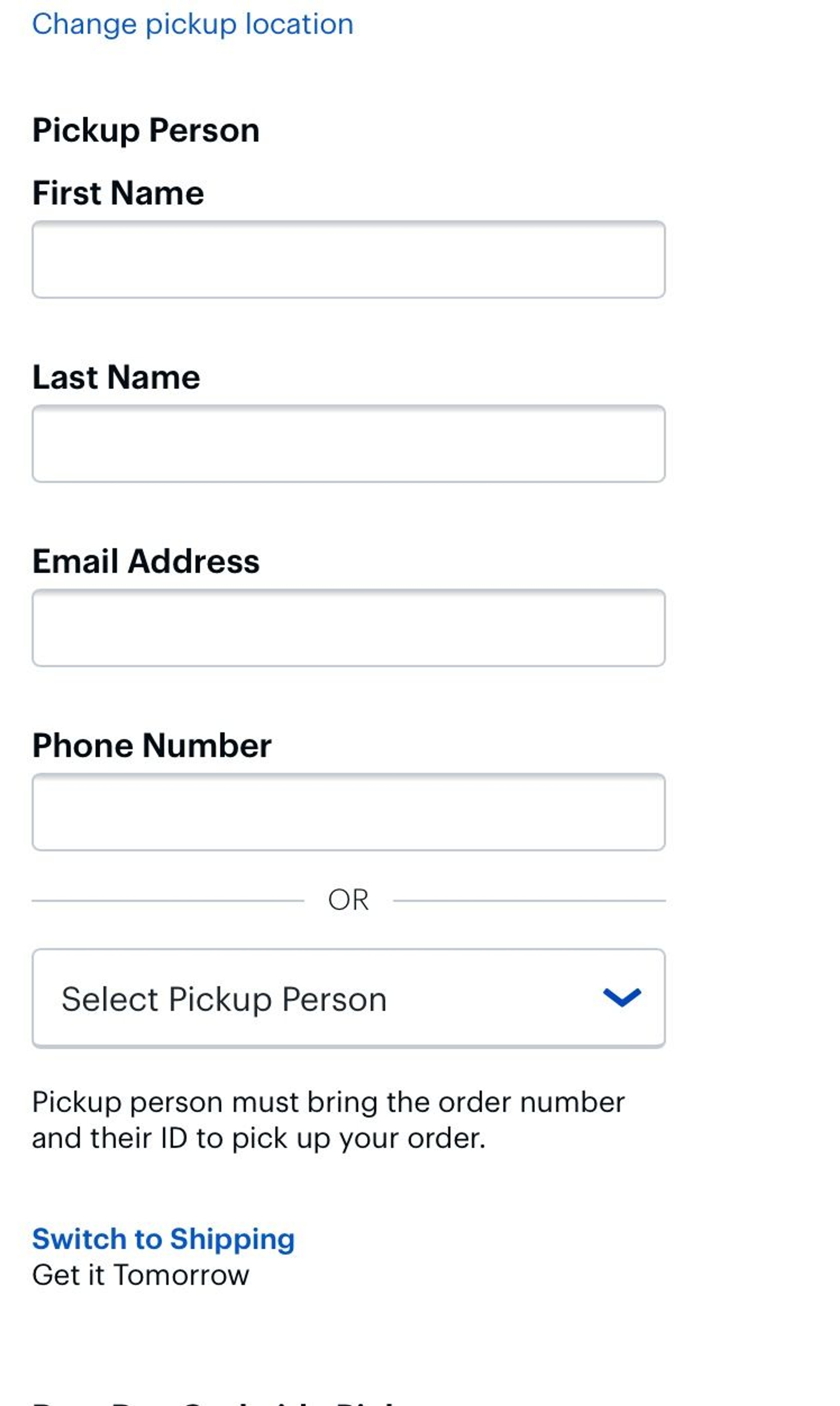 In-store pickup form on the checkout at Best Buy