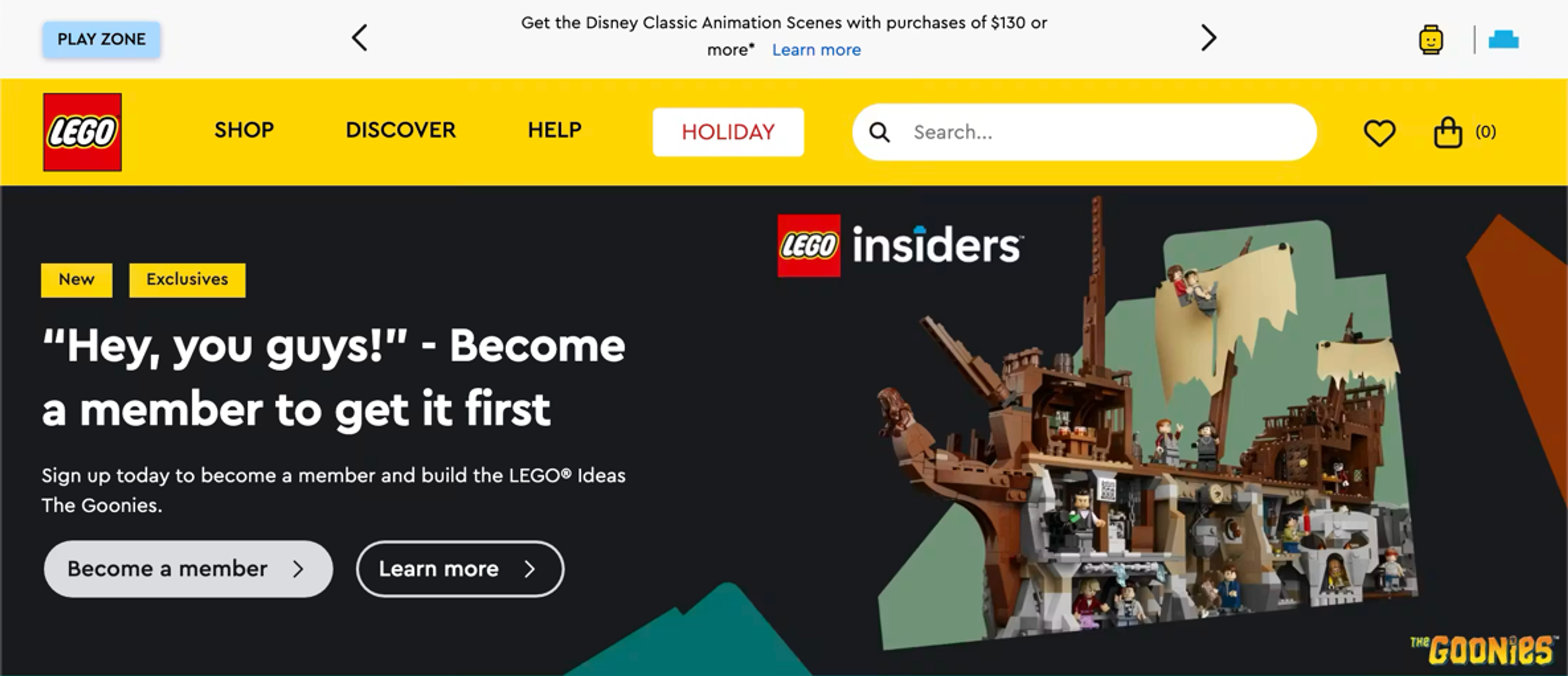 Lego homepage with banner UI element at the top of the screen