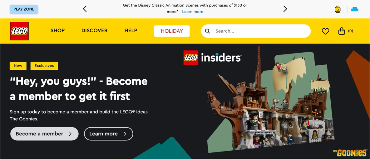Lego homepage with banner UI element at the top of the screen