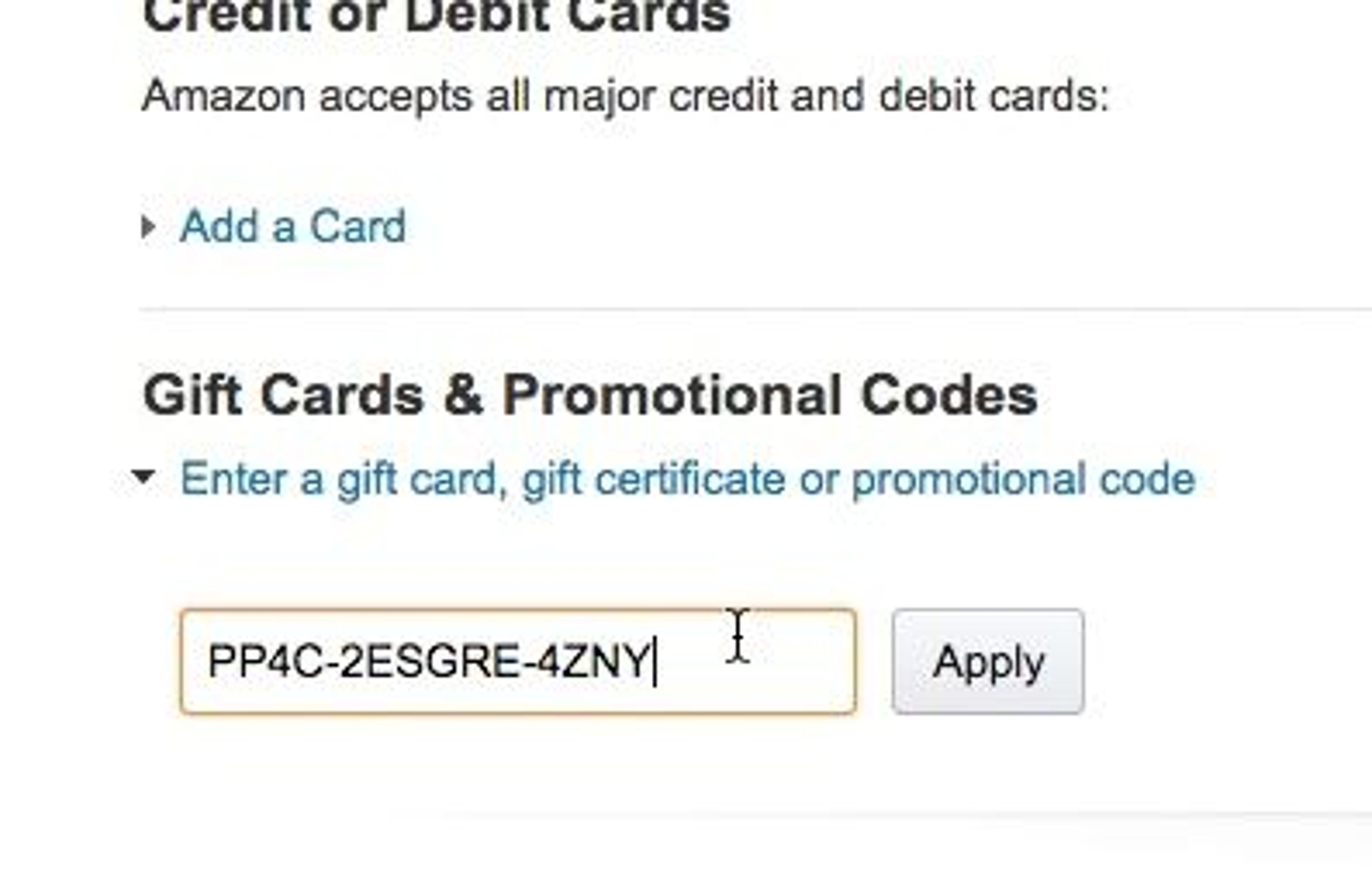 Amazon gift card code entry field filled with a code
