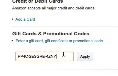 Amazon gift card code entry field filled with a code