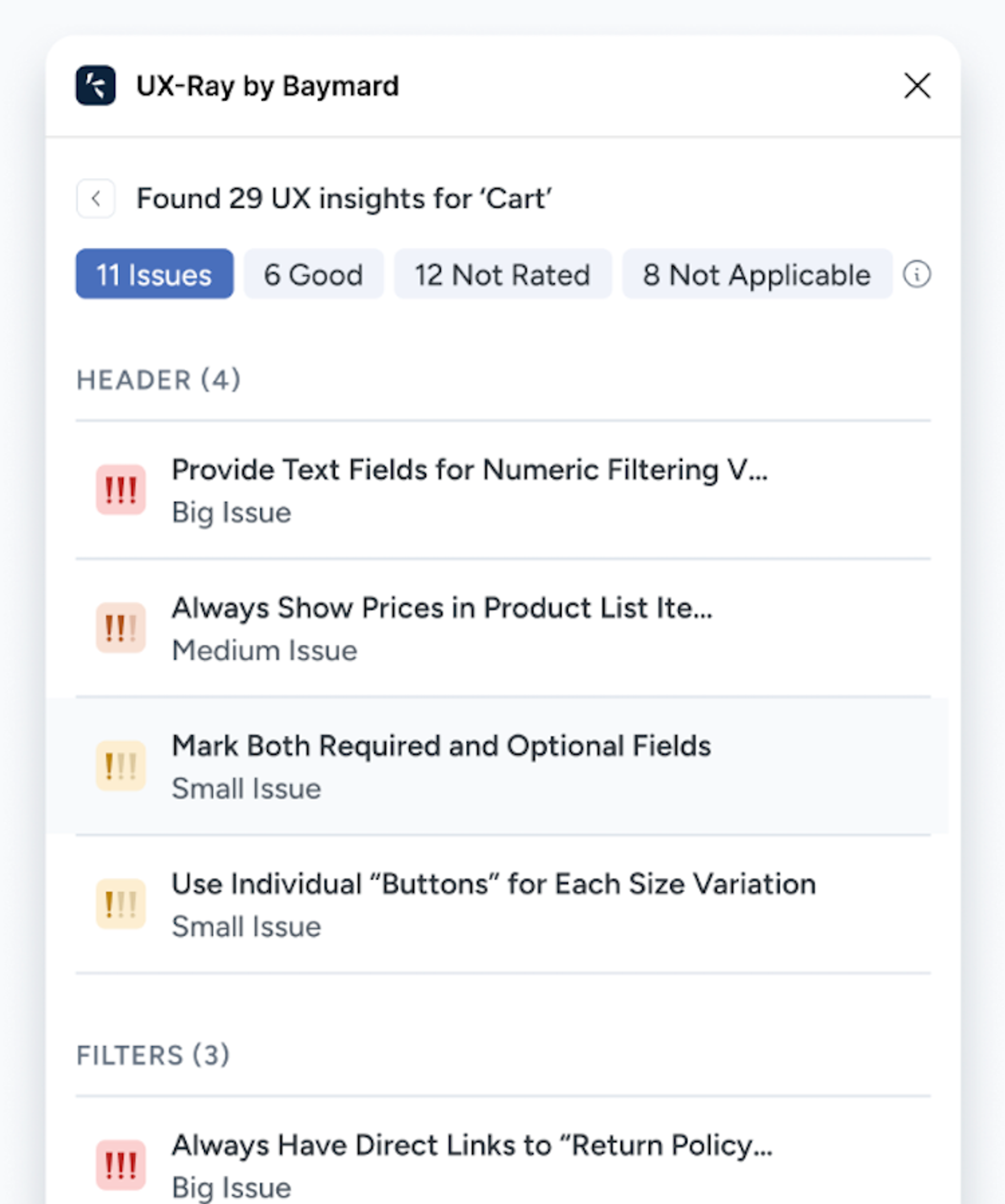 List of UX issues and recommendations provided by Baymard's UX-Ray plugin