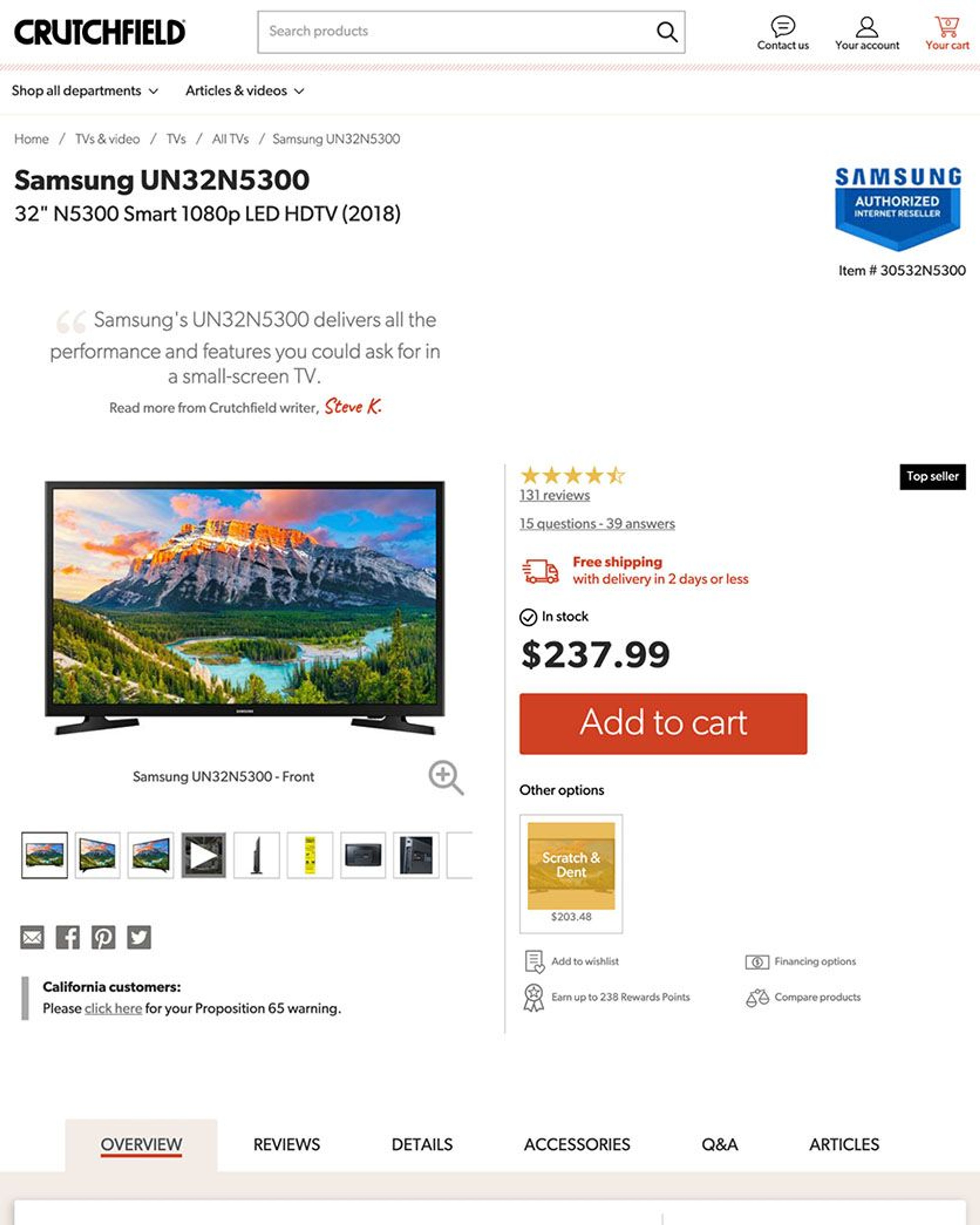 Crutchfield product page for a Samsung smart TV, including large image and key product information