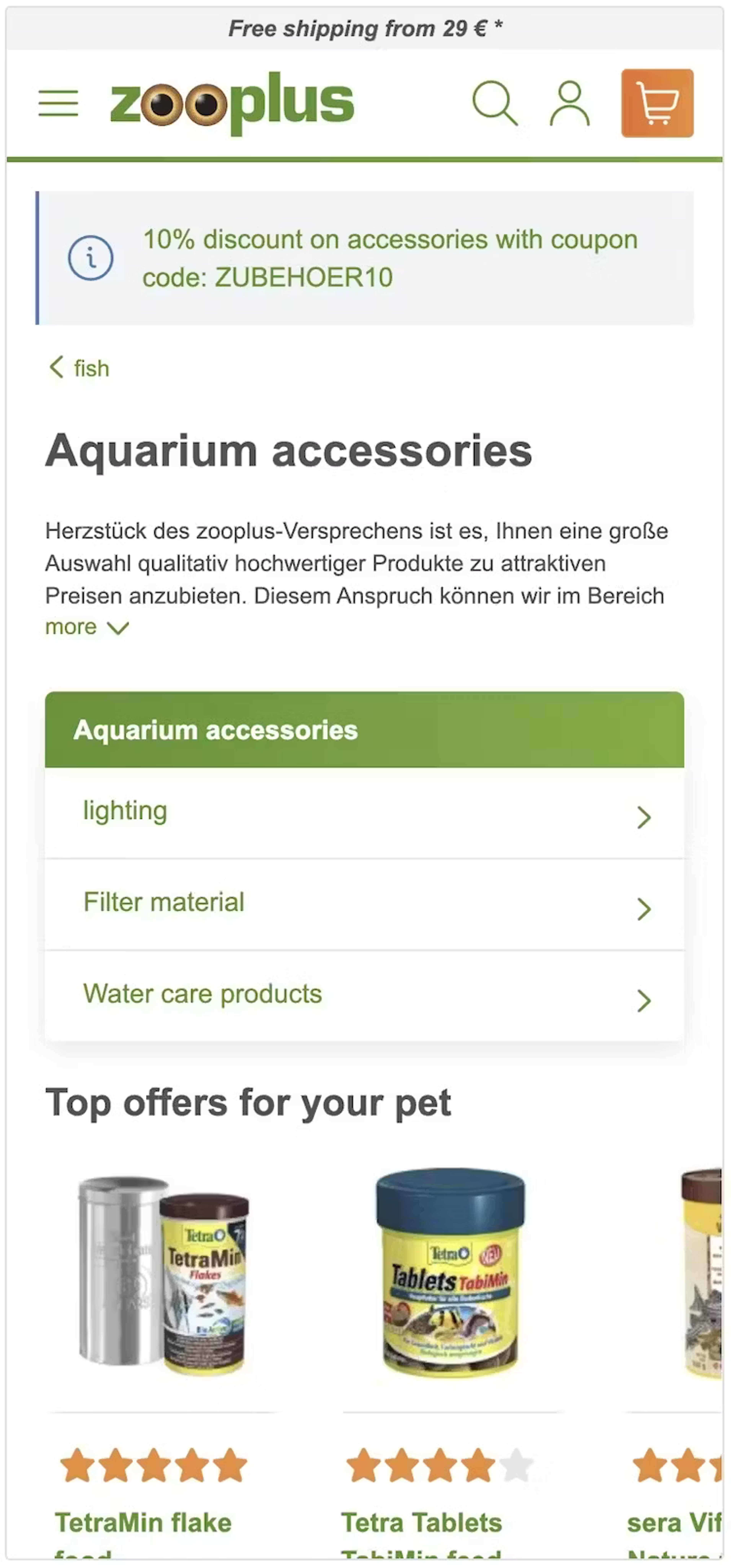 Zooplus mobile category page showing aquarium accessories