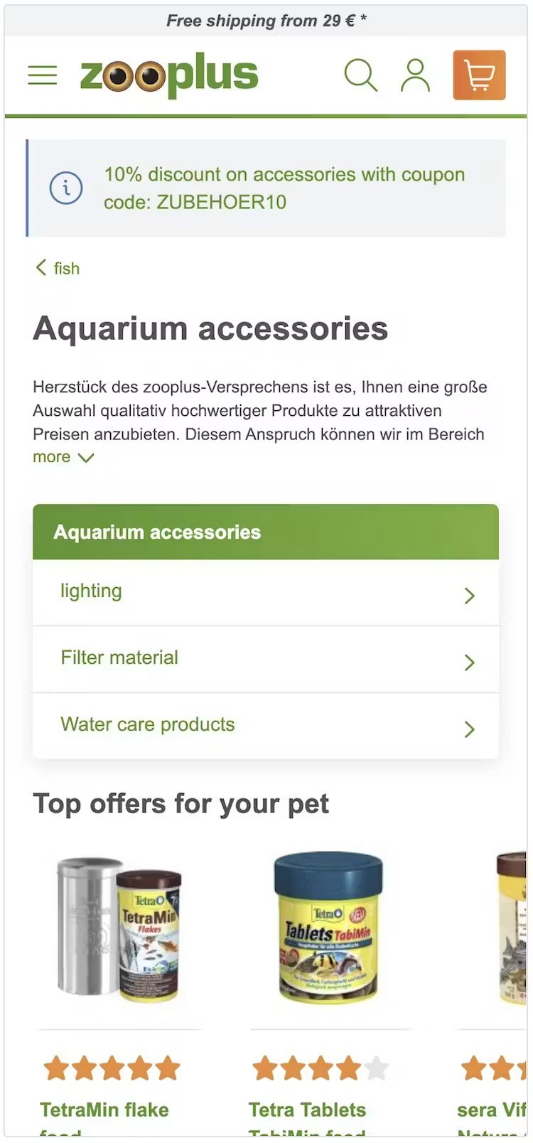 Zooplus mobile category page showing aquarium accessories