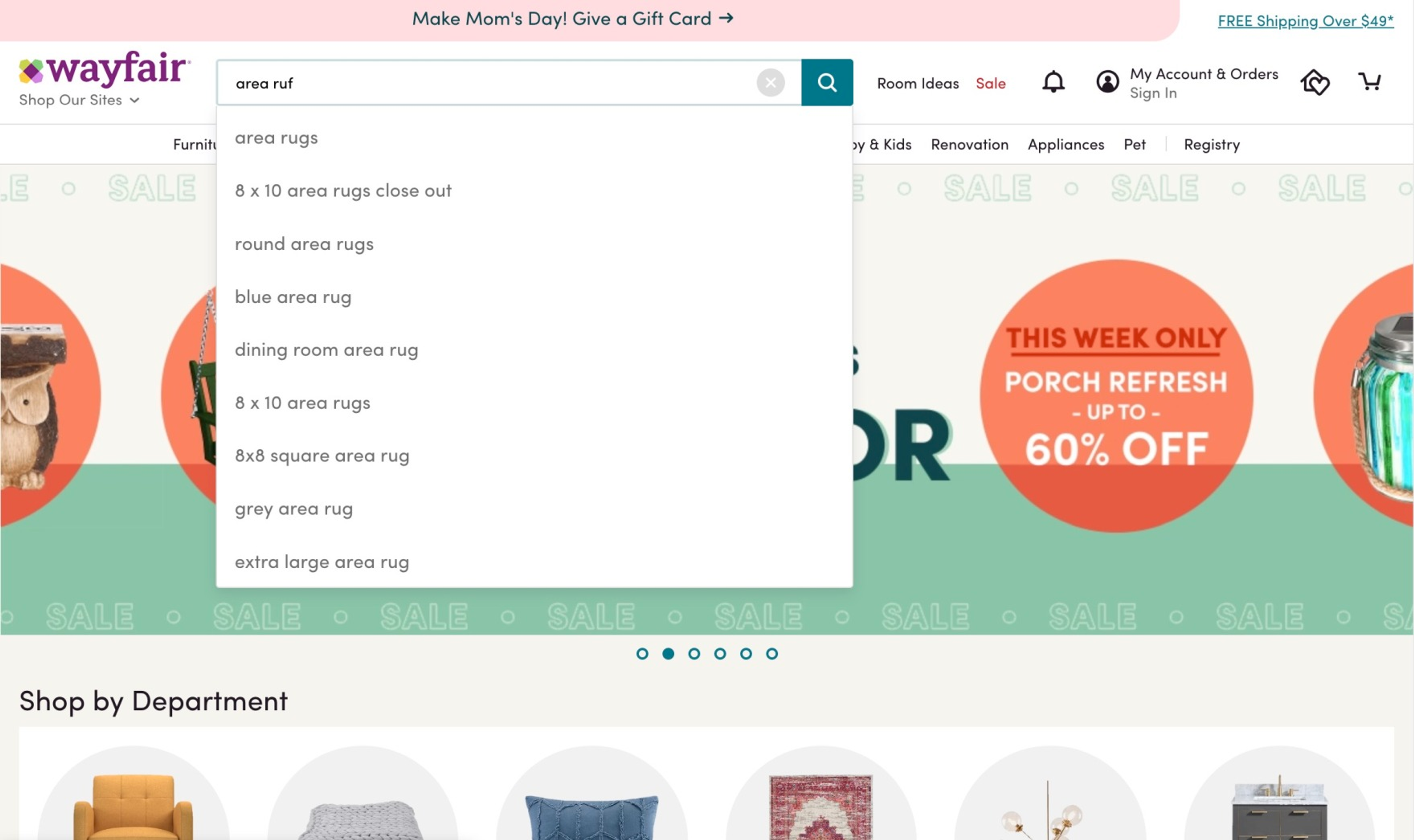 Screenshot of a user searching for rugs on Wayfair's website