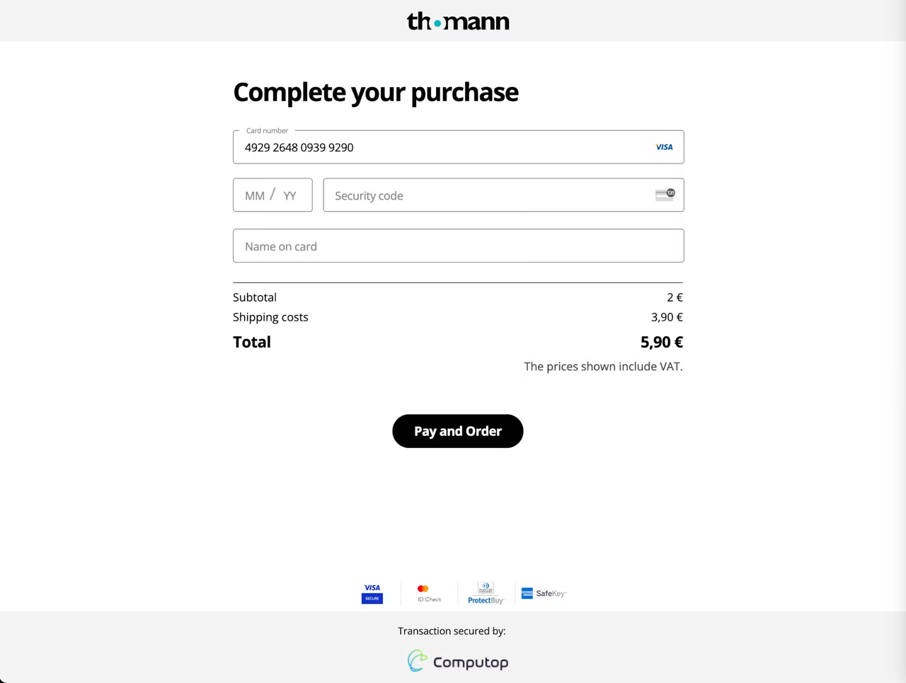 Payment entry field on Thomann's checkout page